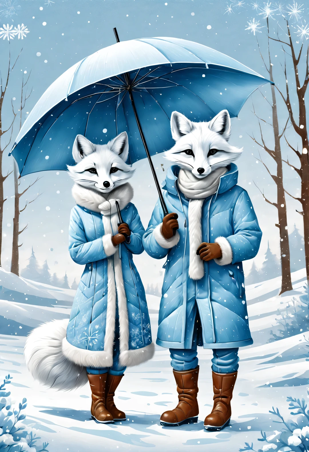 Charming full body cartoon of light blue and white arctic fox couple, snowflake under an umbrella, Ejon Klaassen (Jörn Klassen) re-created in style, toft itself, Modern sketch and dynamic line drawing of light blue and white arctic fox couple skiing featuring modern sketch and dynamic line drawing, snowflake, Reproduced in the style of Jörn Klaassen, toft itself, Modern sketches and dynamic line drawings, with blue texture 