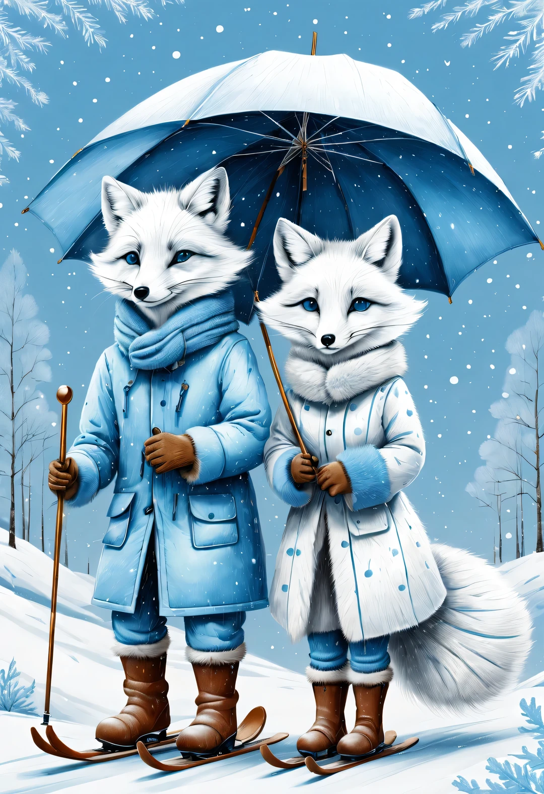 Charming full body cartoon of light blue and white arctic fox couple, snowflake under an umbrella, Ejon Klaassen (Jörn Klassen) re-created in style, toft itself, Modern sketch and dynamic line drawing of light blue and white arctic fox couple skiing featuring modern sketch and dynamic line drawing, snowflake, Reproduced in the style of Jörn Klaassen, toft itself, Modern sketches and dynamic line drawings, with blue texture 