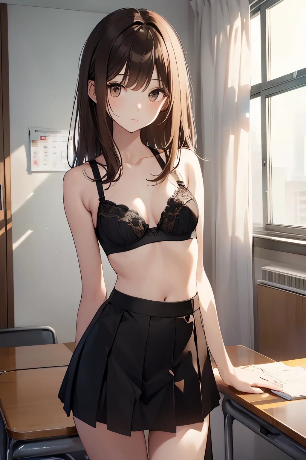 best quality, highres,Slender、small face、brown eyes、tall、brown hair、shortcut,School、classroom、black bra、black panties、22 years old、Mature