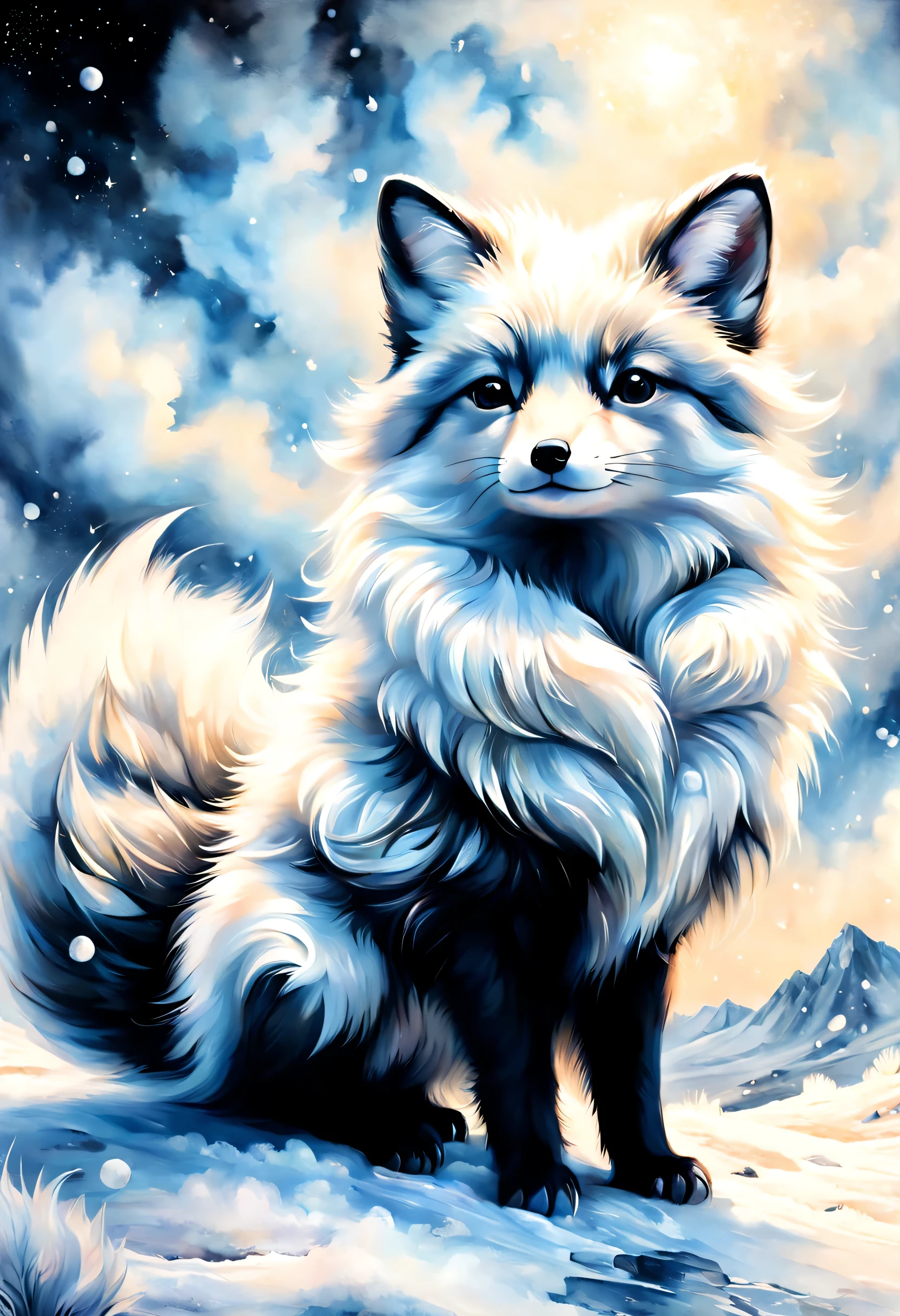 black and white minimal paint,Arctic landscape,arctic fox dance,be familiar with pattern,fluffy fur,cute,Lovely,masterpiece,be familiar with,rendering,Oil paints,watercolor painting,general brushstrokes,stroke,masterpiece,最高masterpiece,beautiful sky