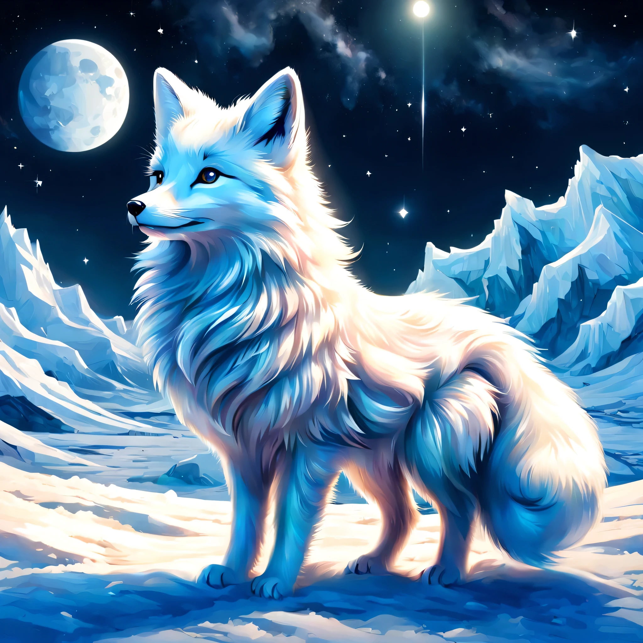 drawing arctic landscape,Arctic foxes run across the vast Arctic land,Arctic fox:silver fur:fluffy:god々new:godの使い:silver Fox,素晴らnew絵画,horizon,寒くて餌も少ない厳new環境の中、The white fox is living hard,dynamic composition,rich colors,colorful,rendering,wonderful,colorfulな呪文を唱える,美new,wonderful,美new空,Arctic background,Moonlight night,夢のように美new,美new光と影,anatomically correct,masterpiece,最高masterpiece,digital art,star