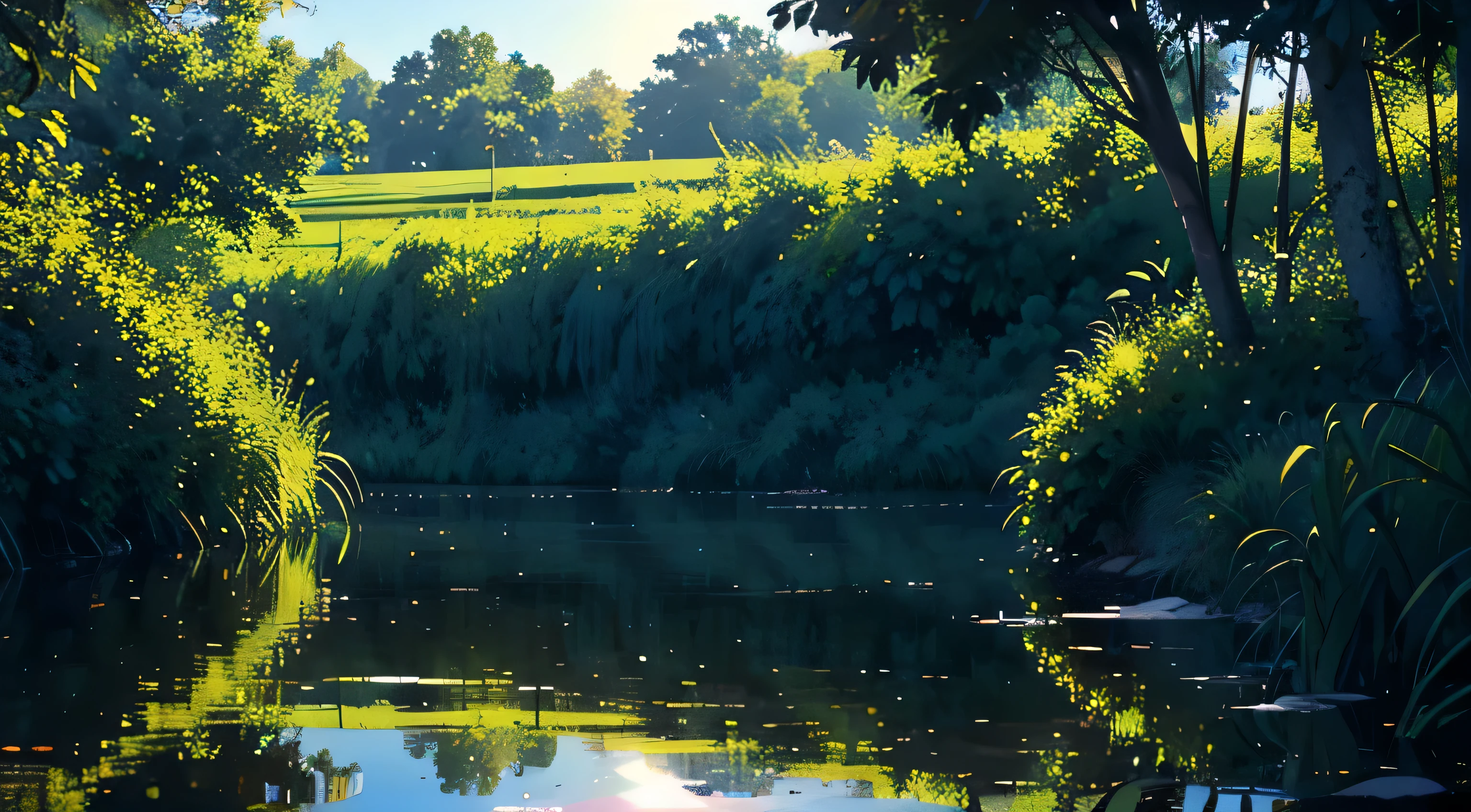 Dia ensolarado, dia de sol, sol, Paisagem inabitada, inhospitable place ,papel de parede, summer lake, lago, fundo do lago, profundidade de campo, Clima quente, Detalhe HD, marca d'wet water, Hiperdetalhe, foto realista, 16K, surrealismo, Luz suave, bokeh de foco de campo profundo, rastreamento de raios, difuso (Ultra-thin glass reflection) e Surrealismo. --v6