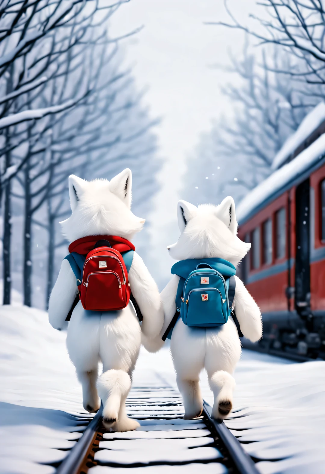 A pair of little arctic fox cubs carrying backpacks are walking in the snow, Rear view，Plush doll art style, snapshot aesthetics, #Friday visual effects, k-pop, automatism, brilliant, hidden object pictures ，Snow-white fur，train track，Lovely，Pixar，Have fun going to school，cold weather clothing，