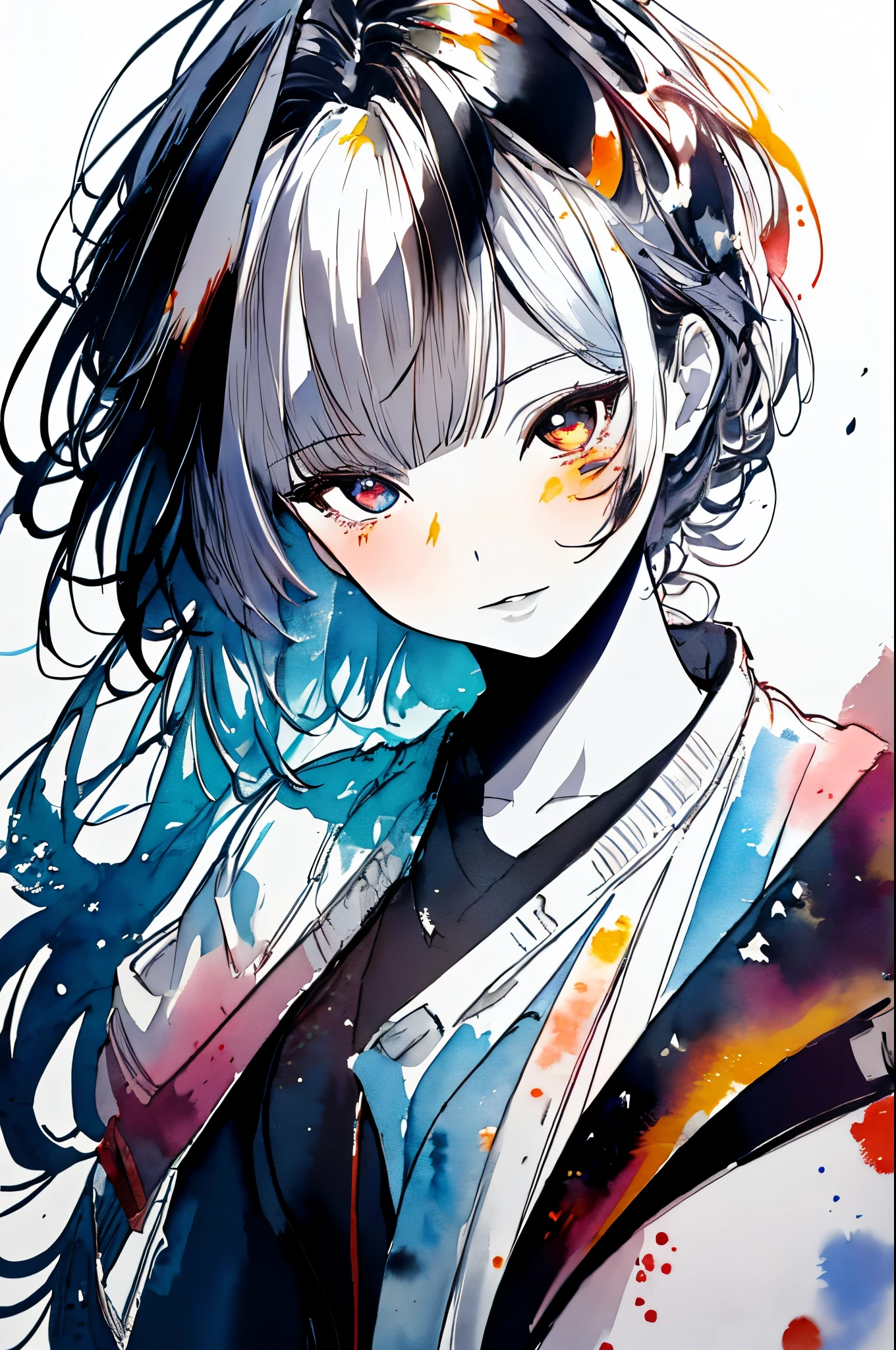 (very bright:1.1), white background, [1 girl:7], (head tilt:1.2), ([sketch|watercolor \(Moderate\)]:1.15), (Ink blotches:1.1), (pale:1.2), chaotic abstract background, vector trace, gradient blending, Bright colors, That&#39;s excellent, very detailed, Complex, (very low contrast:1.4)