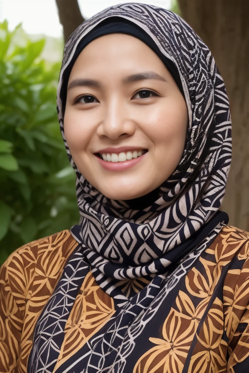 Wearing a hijab, she is a lecturer of university in Indonesia, wearing batik shirt