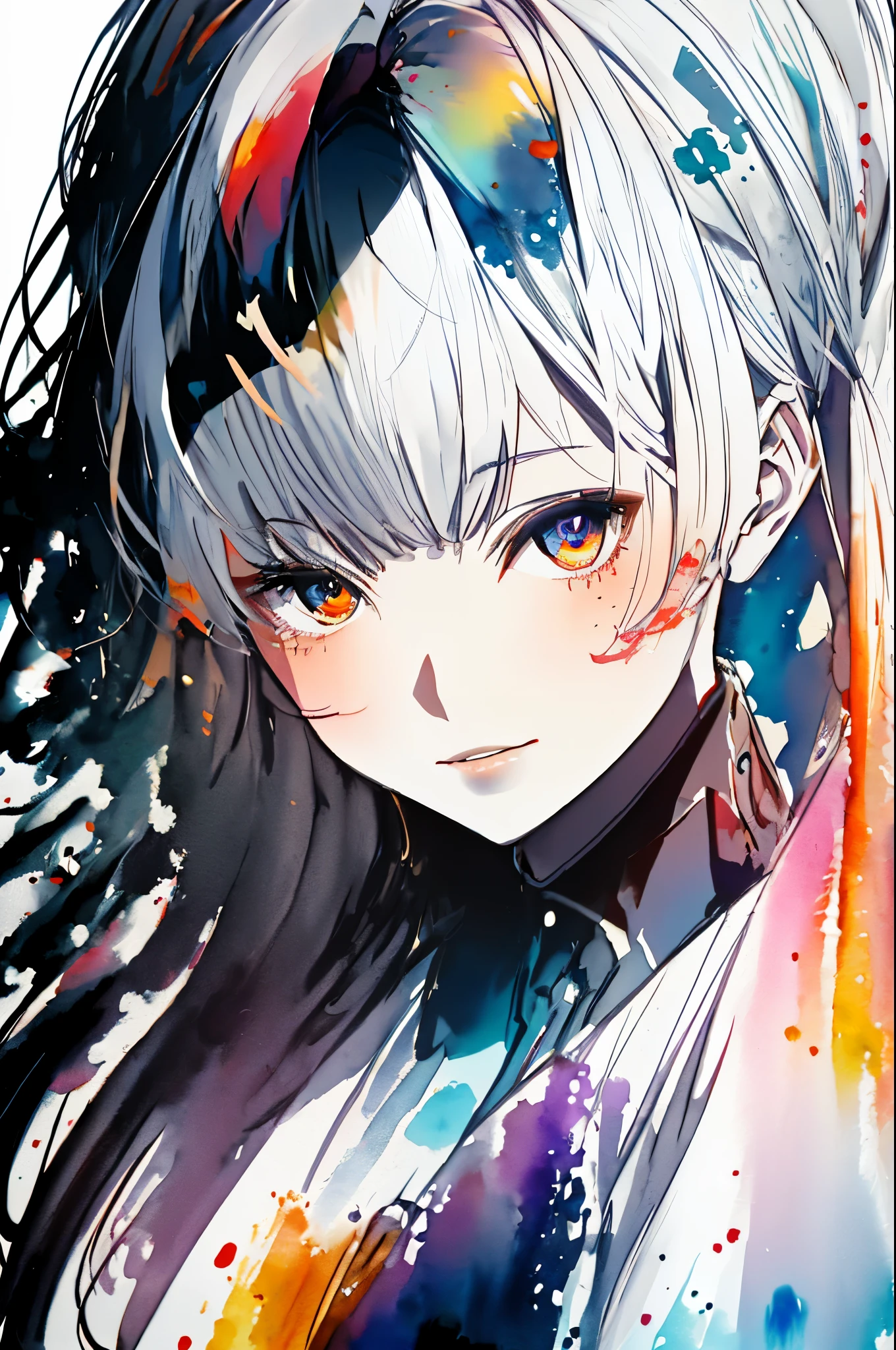 (very bright:1.1), white background, [1 girl:7], (head tilt:1.2), ([sketch|watercolor \(Moderate\)]:1.15), (Ink blotches:1.1), (pale:1.2), chaotic abstract background, vector trace, gradient blending, Bright colors, That&#39;s excellent, very detailed, Complex, (very low contrast:1.4)