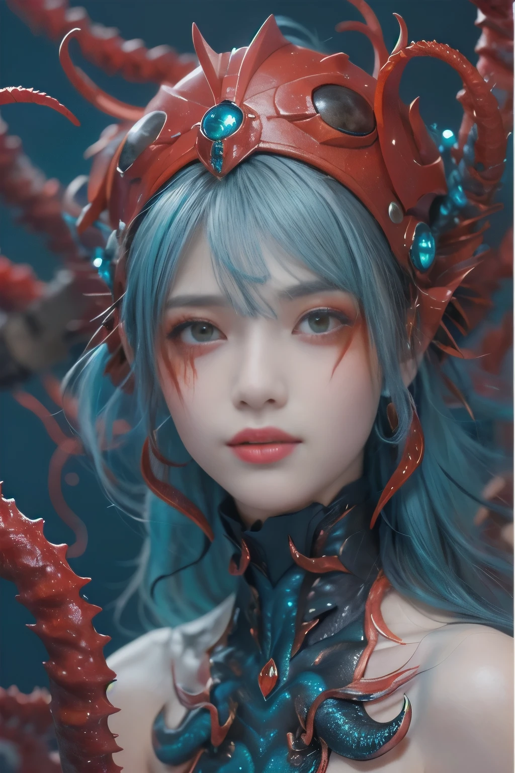 Female Alien, Beautiful face, seduces, red eyes, Full body like, A sexy, alien, No humans, an alien, cells are fused, Multiple hands, (Lots of blue tentacles) (blue skin:1.5), extraterrestrial, cell, bio image, charming, Best Quality, 8K,,4K_quality, high_Definition,Dramatic Lighting, masutepiece:1.5,cinematic quality, detail up, Intricate details:1.2, 超A high resolution, High Definition, drawing faithfully, (Thick eyebrows:1.2), (Big scarlet eyes:1.6), Beautiful eyes with fine symmetry, (Ultra detailed eyes:1.2),(Highly detailed face and eyes:1.2), (High-resolution red-eye:1.4), Intimate face, (Super detailed skin quality feeling:1.4), Perfect Anatomy,  (Beautiful toned body:1.5),  (Moist skin:1.2), No makeup, (dark circles:1.1), long canines