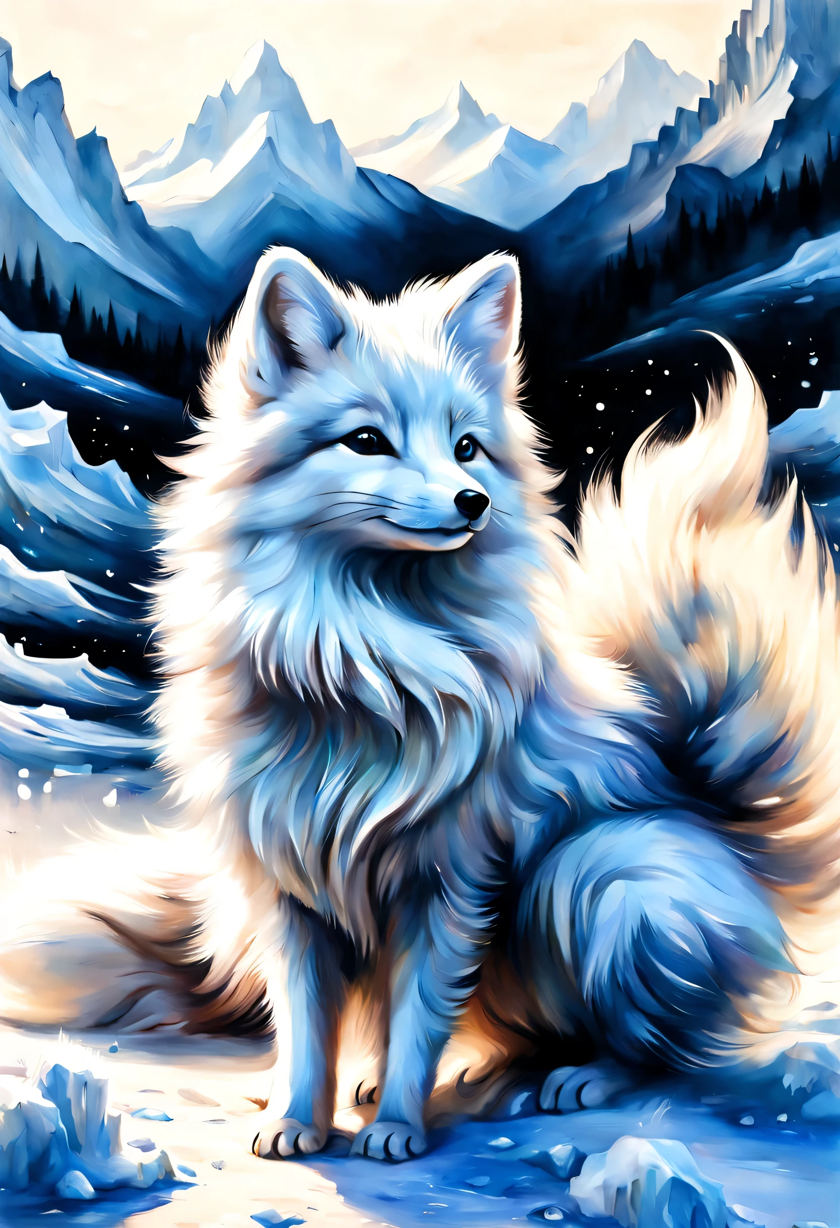 black and white minimal paint,Arctic landscape,arctic fox dance,be familiar with pattern,fluffy fur,cute,Lovely,masterpiece,be familiar with,rendering,Oil paints,watercolor painting,general brushstrokes,stroke,masterpiece,最高masterpiece