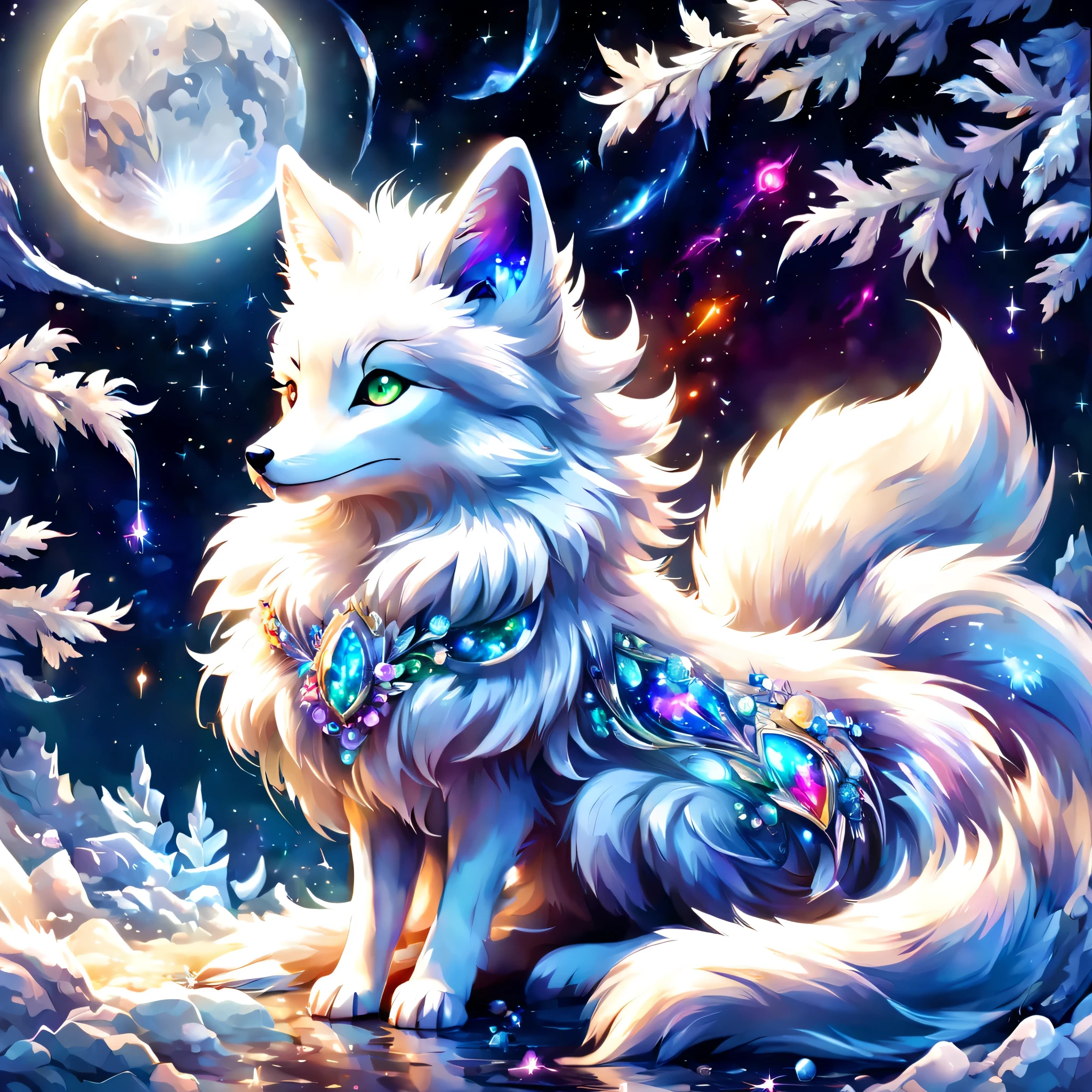 Arctic fox:silver fur:fluffy:god々new:godの使い:silver Fox,崖の上からhorizonを見下ろす白狐のボスを描きます,素晴らnew絵画,horizon,寒くて餌も少ない厳new環境の中、The white fox is living hard,dynamic composition,rich colors,colorful,rendering,wonderful,colorfulな呪文を唱える,美new,wonderful,美new空,Arctic background,Moonlight night,夢のように美new,美new光と影,magic effect,god秘的な,flash,とてもflash,さらにflash,shine,Sparkling,anatomically correct,masterpiece,最高masterpiece,digital art,star