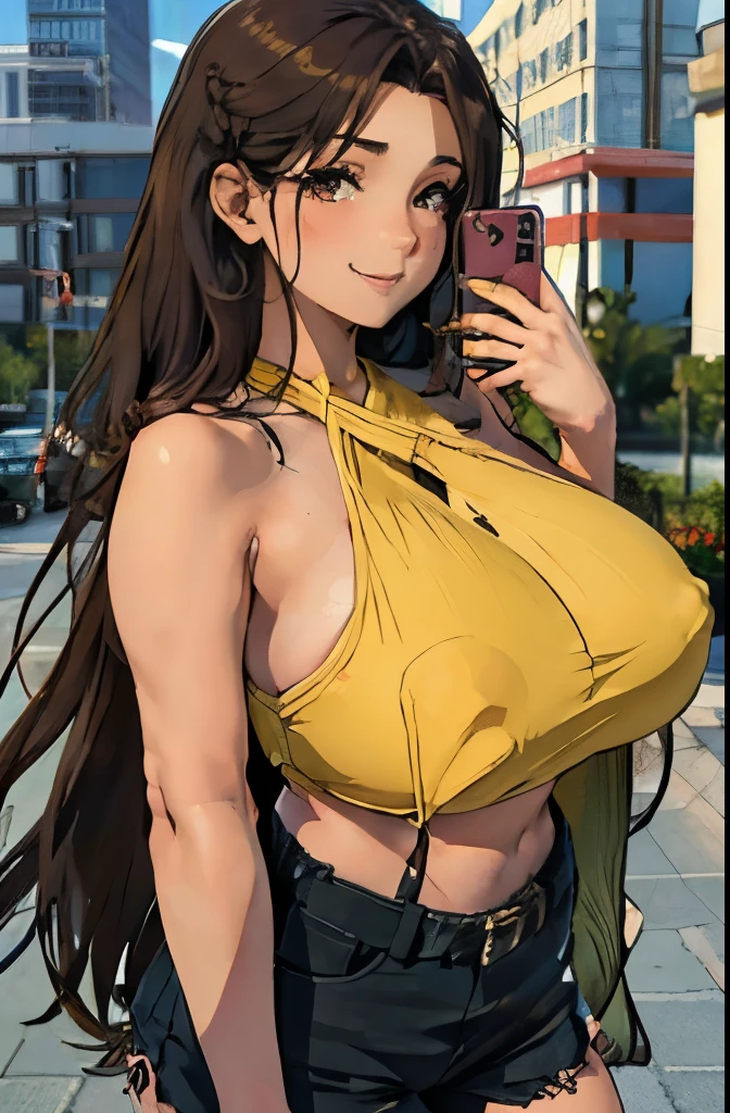 anime, portrait of a 28 year old woman taking a selfie, mischievous smile, long hair, dark hair color, stylish hairstyle, side hair long lush hair, long curls of hair pulled to the sides, Braids within the hair, curvy body, proportional body, sexy girl, beautiful mature girl, lovable character, crop top, short skirt, clarity, detailed, detailed face, very detailed drawing, smile, flirty look, city background, saturated background, perfect composition, soft natural volumetric cinematic perfect light, masterpiece, in frame, face primary in focus