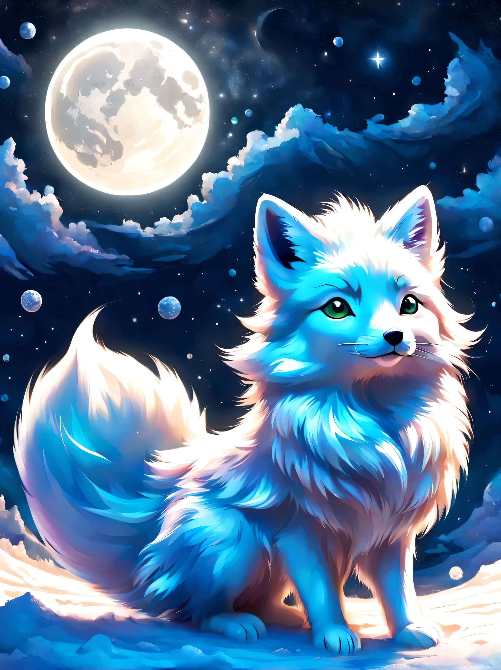 drawing arctic landscape,Arctic foxes run across the vast Arctic land,Arctic fox:silver fur:fluffy:god々new:godの使い:silver Fox,素晴らnew絵画,horizon,寒くて餌も少ない厳new環境の中、The white fox is living hard,dynamic composition,rich colors,colorful,rendering,wonderful,colorfulな呪文を唱える,美new,wonderful,美new空,Arctic background,Moonlight night,夢のように美new,美new光と影,flash,とてもflash,さらにflash