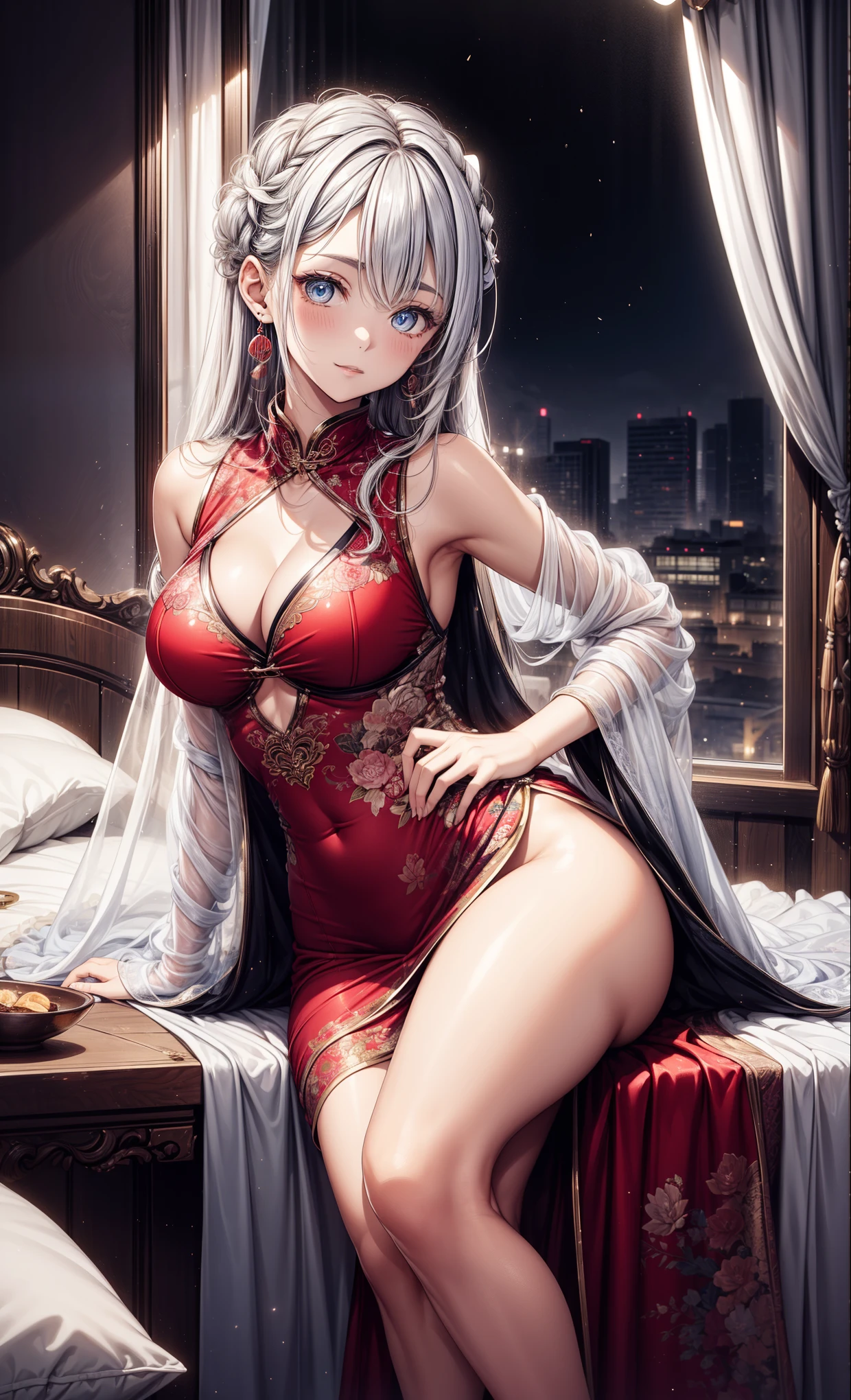 Modern fashionable clothing with fully transparent cheongsam，20 years old female，Slightly mature，ideal partner，in love，obsessed，Sexual innuendo，The clothes are beautifully designed，Clothing with multiple layers of transparent construction，light clothes，super detailed, She has long curly hair，Seductive pose，20 year old girl，light eyes，she has earrings,乳房view, view，背部view，Raised sexy，curvy body，arch downward，((sheer transparent clothes)),((There is a luxurious night view outside the window))，She appeared in the bedroom of a luxury hotel，Delicate light blue eyes