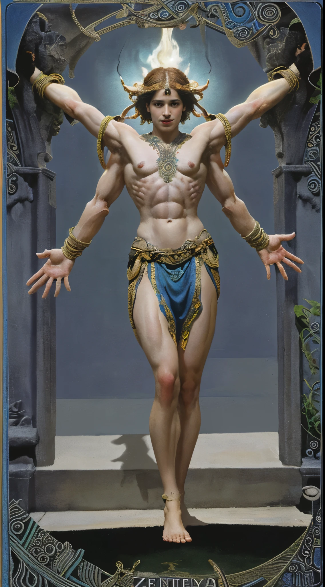 Lawrence Alma-Tadema style, solo god male in ancient temple, torso with 6 arms, muscular body, muscular pecs, (God of War), (sword and fire in hands), broad shoulders, bright, fullbody, masculine white-blue cloth, white sunlight rays, with plants beautiful, face turned away, (torso with 6 arms), ((1 head, 6 arms)), european caucasian cute normal, poster epic positive style, super detailed, masterpiece, hq, 4k, high detalisation, sexual, transparent, frontal view, bent over bending over stoop, correct anatomy, (zentangle, mandala, tangle, entangle:0.6, tarot card style)