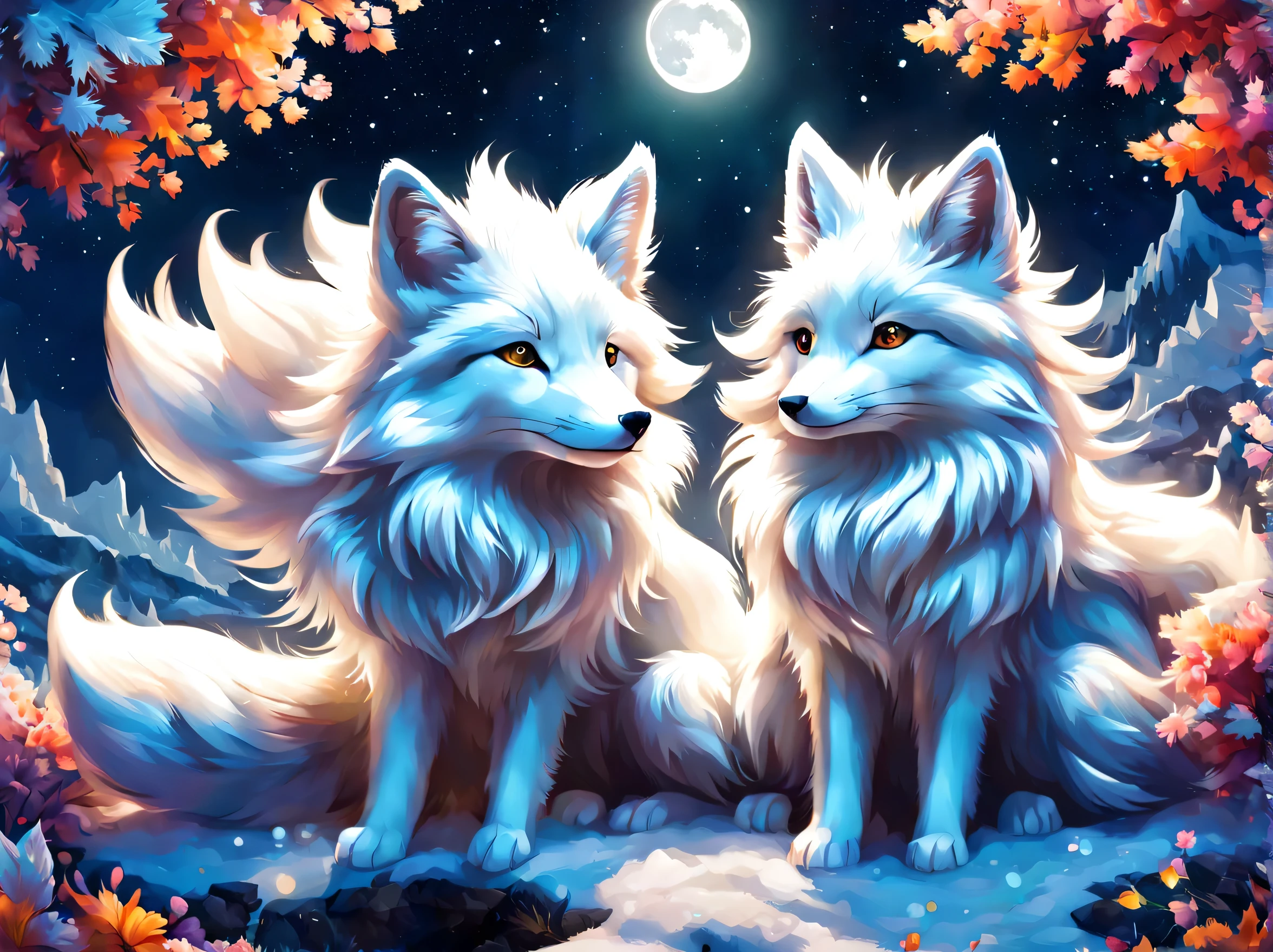 Arctic fox:silver fur:fluffy:god々new:godの使い:silver Fox,崖の上からhorizonを見下ろす白狐のボスを描きます,素晴らnew絵画,horizon,寒くて餌も少ない厳new環境の中、The white fox is living hard,dynamic composition,rich colors,colorful,rendering,wonderful,colorfulな呪文を唱える,美new,wonderful,美new空,Arctic background,Moonlight night,夢のように美new,美new光と影,