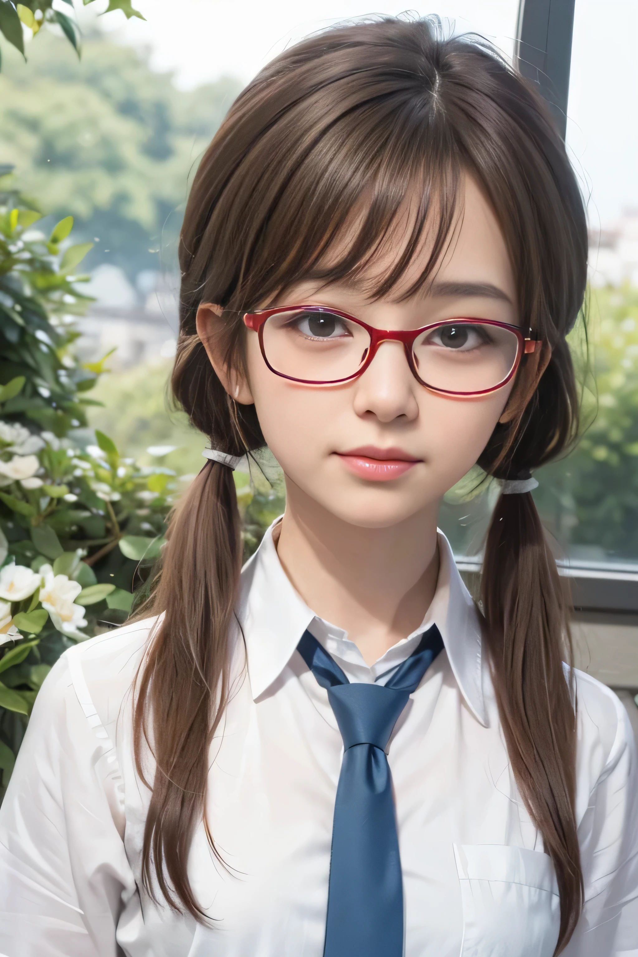 Realistic,masterpiece, best quality, (realistic,photo-realistic:1.4), (RAW photo:1.2),extremely detailed CG unity 8k wallpaper, delicate and beautiful, amazing,finely detail, official art, absurdres, incredibly absurdres, huge filesize, ultra-detailed,extremely detailed eyes and face, light on face,little smile,(caramel hair:1.3),long hair,(wearing necktie:1.4),(small breast:1.3),twintail,garden,(wearing red framed glasses:1.4),makinami mari illustorius,shirt