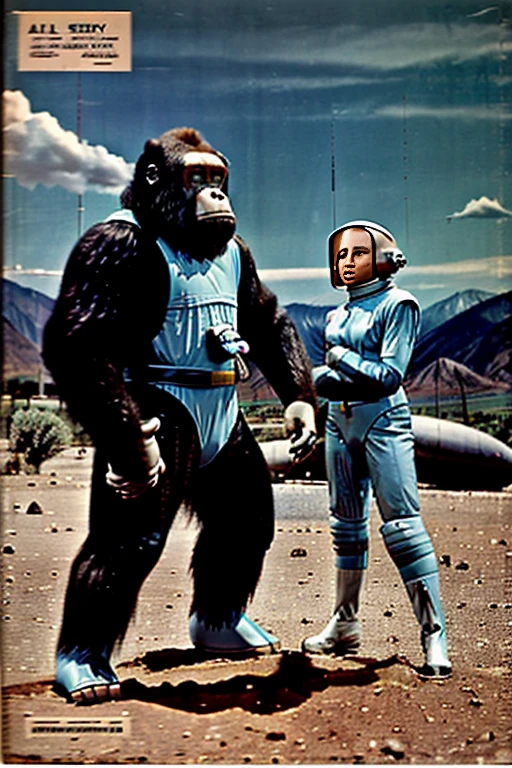 ((((FULL SHOT)))), (((Old science fiction TV series))), Fotografia de plano conjunto, Large outdoor DAYTIME ENVIRONMENT Mountainous scenery of an alien planet, Extremamente realista, Scene from an old science fiction TV series from the 1950s, (((action scene))), (((Menacing Extraterrestrial Gorilla Threatening Girl Wearing Sexy Spacesuits)) , rochas no fundo da cena, planets and stars in the sky, Science Fiction TV series with monsters, bela jovem atriz sensual, (((anos de 1950))), Ancient aesthetics, Estilo Forbidden Planet , Imagem de aspecto antigo, Retro Style, Old matinee movie style, ((((vast scenery)))), {TV series image} , ((((Imagem antiga)))), ((((Pigmento da imagem envelhecido)))), (((imagem de aspecto antigo))), (((still))) , (((lobby card))), (((rosto perfeito))), (((TV series 1 9 5 0 ))) Estilo Forbidden Planet, Estilo Queen of Outer Space, Estilo Space Patrol, Corpo completo, Imagem de plano conjunto