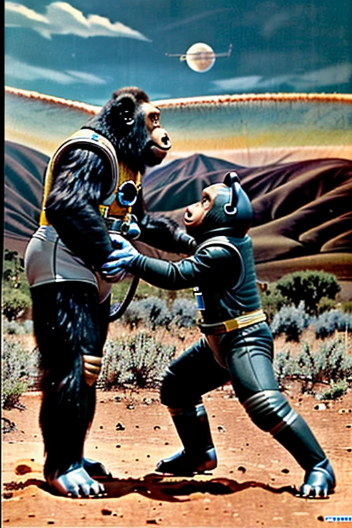 ((((FULL SHOT)))), (((Old science fiction TV series))), Fotografia de plano conjunto, Large outdoor DAYTIME ENVIRONMENT Mountainous scenery of an alien planet, Extremamente realista, Scene from an old science fiction TV series from the 1950s, (((action scene))), (((Menacing Extraterrestrial Gorilla Threatening Girl Wearing Sexy Spacesuits)) , rochas no fundo da cena, planets and stars in the sky, Science Fiction TV series with monsters, bela jovem atriz sensual, (((anos de 1950))), Ancient aesthetics, Estilo Forbidden Planet , Imagem de aspecto antigo, Retro Style, Old matinee movie style, ((((vast scenery)))), {TV series image} , ((((Imagem antiga)))), ((((Pigmento da imagem envelhecido)))), (((imagem de aspecto antigo))), (((still))) , (((lobby card))), (((rosto perfeito))), (((TV series 1 9 5 0 ))) Estilo Forbidden Planet, Estilo Queen of Outer Space, Estilo Space Patrol, Corpo completo, Imagem de plano conjunto