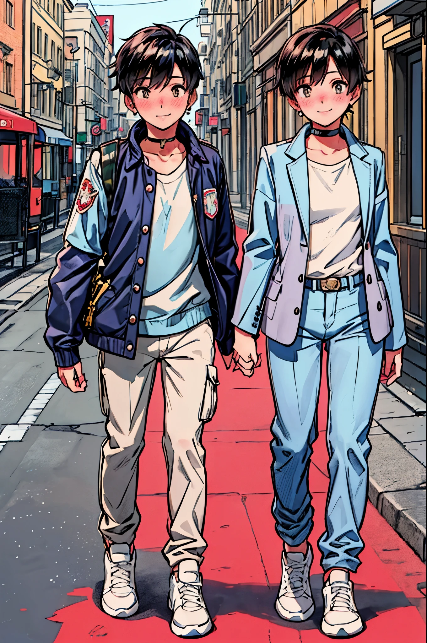"best quality,ultra-detailed,((background:outside the street1,8)),(two boys),(boys are walking),(holding their hands),(full body),portraits,((sissy boy,tomboy,FemBoy,trap1,8)),bulge1,8,(natural makeup),black choker,necklace,earrings,(short black hair),boy's face,boys body,((nose-blush)),((smile)),((street-casual-style)),(school-uniform),(vest),(blazer),(sneaker),(he’s having shoulder bags),vibrant colors,soft lighting"
