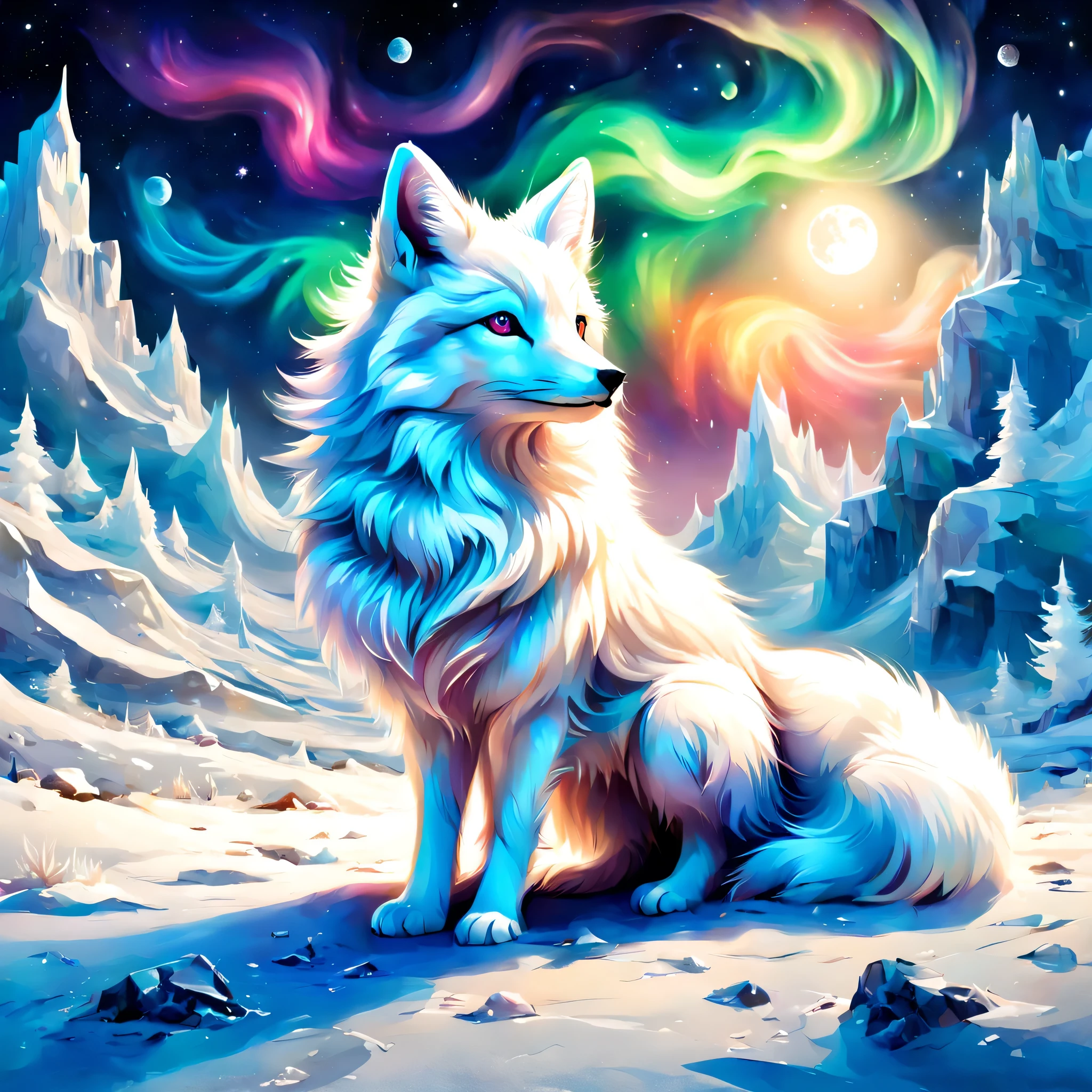 Arctic fox:silver fur,崖の上からhorizonを見下ろす白狐のボスを描きます,wonderful絵画,horizon,In a harsh environment where it is cold and there is little food.、The white fox is living hard,dynamic composition,rich colors,colorful,rendering,wonderful,colorfulな呪文を唱える,beautiful,wonderful,beautiful空,Arctic background,Moonlight night,aurora,夢のようにbeautiful