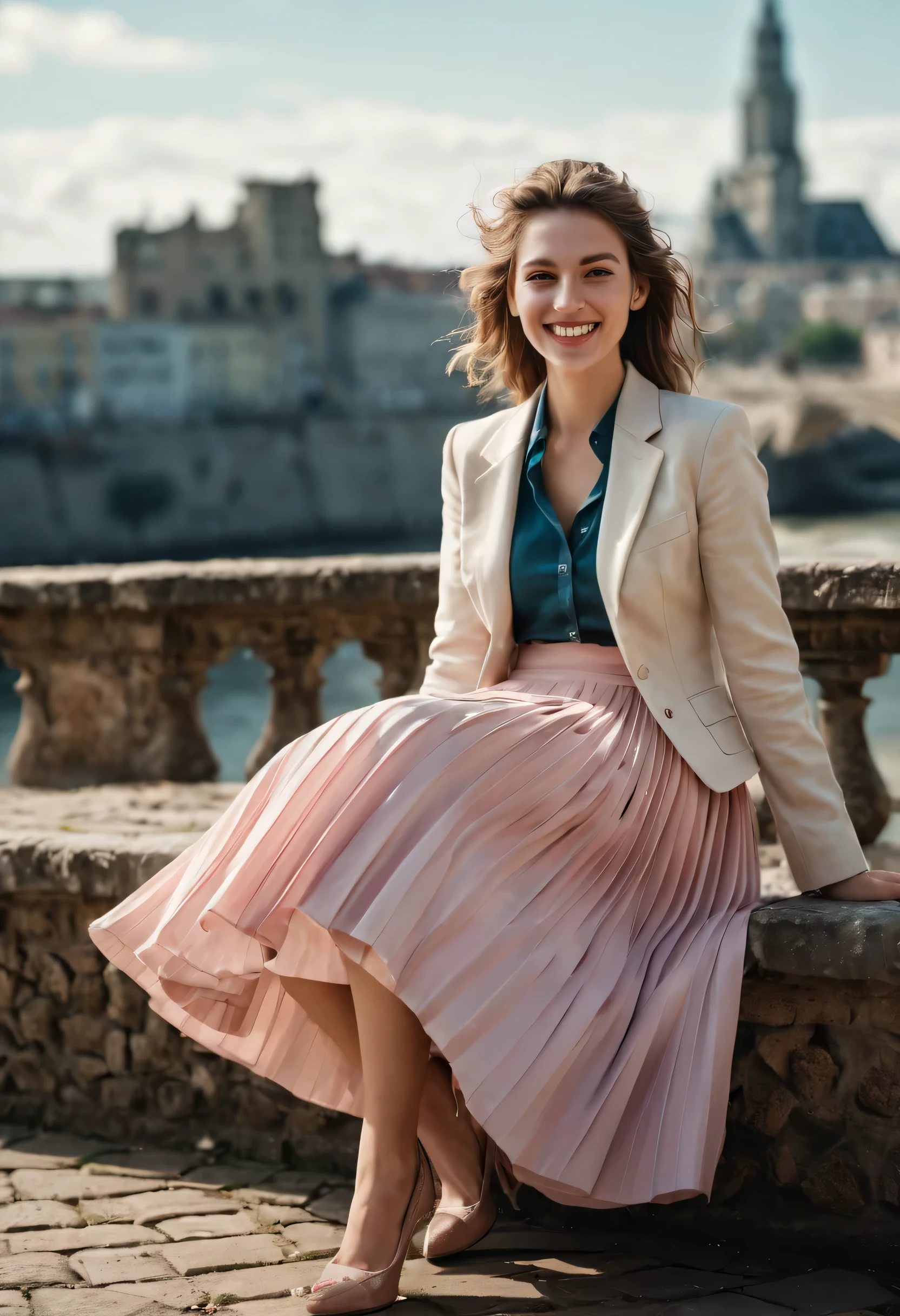 A smiling, authentic, (shy:1,3), kind, beautiful woman, is passionately in love with her skirt, sitting down on the gound while wind lifts her skirt, wearing short blazer and very very detailed (long (fully pleated) full circle skirt) and (low heeled court shoes), very very intricate hyper-detailed symmetric (attractive graceful young feminine face) with (sad, tired eyes and a loving smile), large breasts, full of empathy and compassion and love, (pronounced (feminine) features), (highly detailed ultra accurate realistic) hands and fingers, (windy), epic composition, highly detailed attributes, (35mm f1.4 Kodak portra 400 photograph), extremely high quality RAW photograph, highly detailed atmosphere, sci-fi, cinematic shot, dynamic lighting, 75mm, Technicolor, Panavision, cinemascope, sharp focus, fine details, 8k, HDR, realism, realistic, key visual, film still, superb cinematic color grading, depth of field