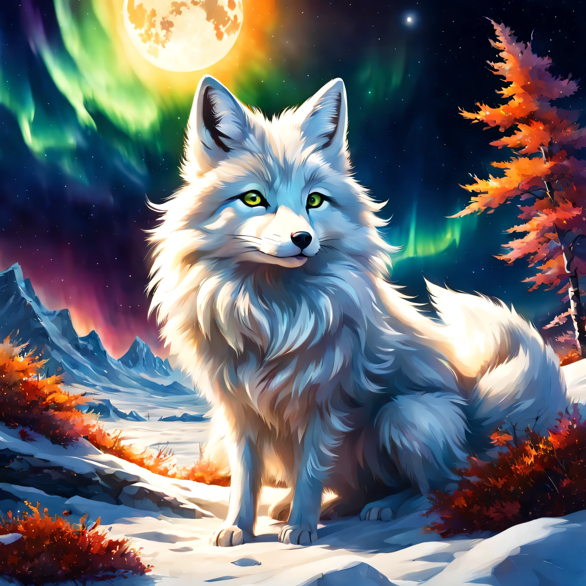 Arctic fox:silver fur,崖の上からhorizonを見下ろす白狐のボスを描きます,wonderful絵画,horizon,In a harsh environment where it is cold and there is little food.、The white fox is living hard,dynamic composition,rich colors,colorful,rendering,wonderful,colorfulな呪文を唱える,beautiful,wonderful,beautiful空,Arctic background,Moonlight night,aurora,夢のようにbeautiful