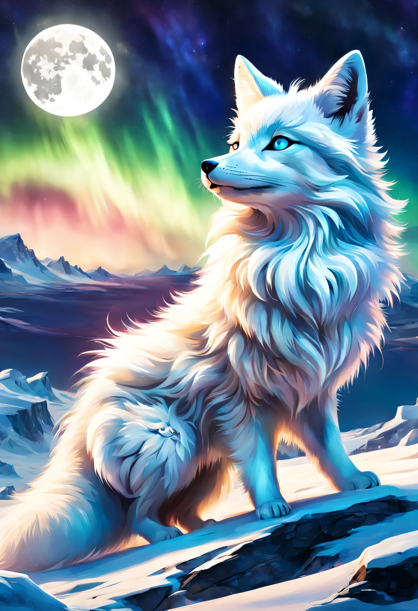 Arctic fox:silver fur,崖の上からhorizonを見下ろす白狐のボスを描きます,wonderful絵画,horizon,In a harsh environment where it is cold and there is little food.、The white fox is living hard,dynamic composition,rich colors,colorful,rendering,wonderful,colorfulな呪文を唱える,beautiful,wonderful,beautiful空,Arctic background,Moonlight night,aurora,夢のようにbeautiful