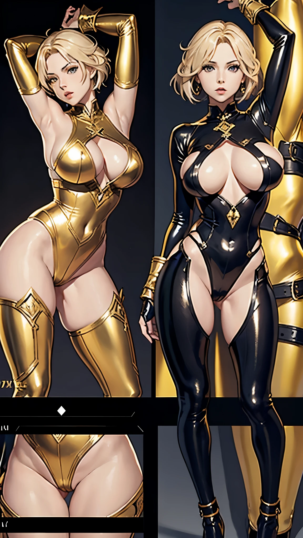 ivy from soul calibur video game, blonde short hair, wearing a tight golden latex suit. very big tits, wearing tiny black thong, her legs open wide