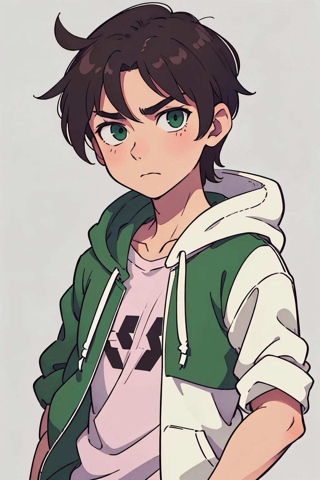(best quality:0.8) perfect anime illustration, a stern looking male with short brown hair and green eyes, wearing a hoodie. white/green clothes with pink accents