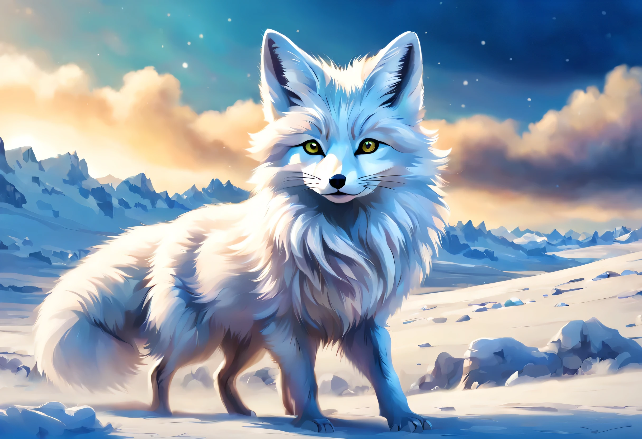 Arctic fox:silver fur,Draw a running white fox boss,wonderful絵画,horizon,In a harsh environment where it is cold and there is little food.、The white fox is living hard,dynamic composition,rich colors,colorful,rendering,wonderful,colorfulな呪文を唱える,beautiful,wonderful,beautiful空,Arctic background