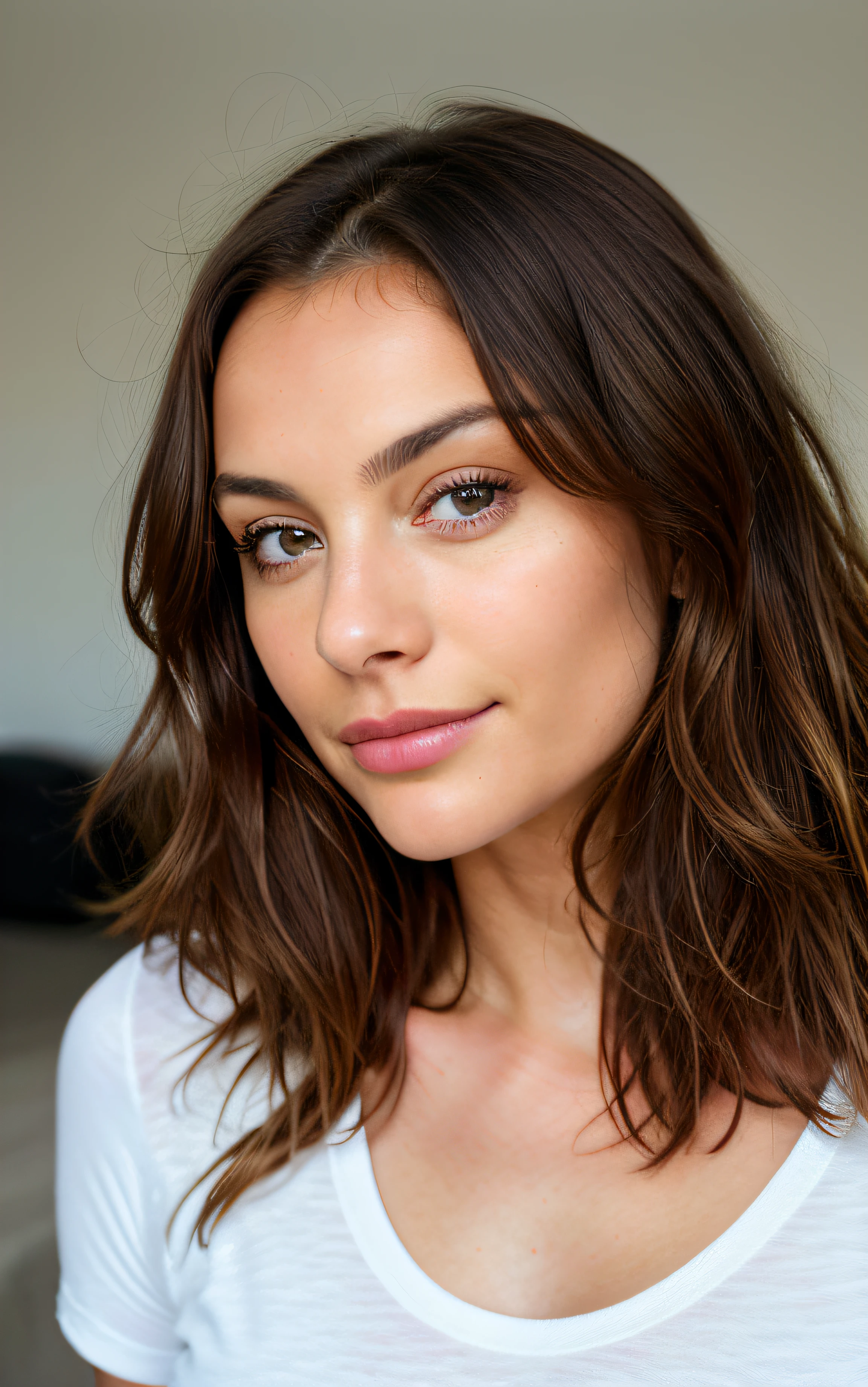 Belle brune portant un t-shirt blanc, Very detailed, 24 ans, visage innocent, mole on the cheek, natural wavy hair, yeux verts, High resolution, Masterpiece, Best quality, intricate high detail, highly detailed, mise au point nette, detailed skin, realistic skin texture, texture, detailled eyes, professionnel, 4K, sourire charmant, filmed on Canon, 85 mm, faible profondeur de champ, Couleur Kodak Vision, perfect fit body, Extremely detailed, photographier_\(ultra\), photoreallistic, Realstic, Post-traitement, maximum details, roughness, real life, ultra realist, photorealism, photographie, 8K UHD, photographie, portrait de face