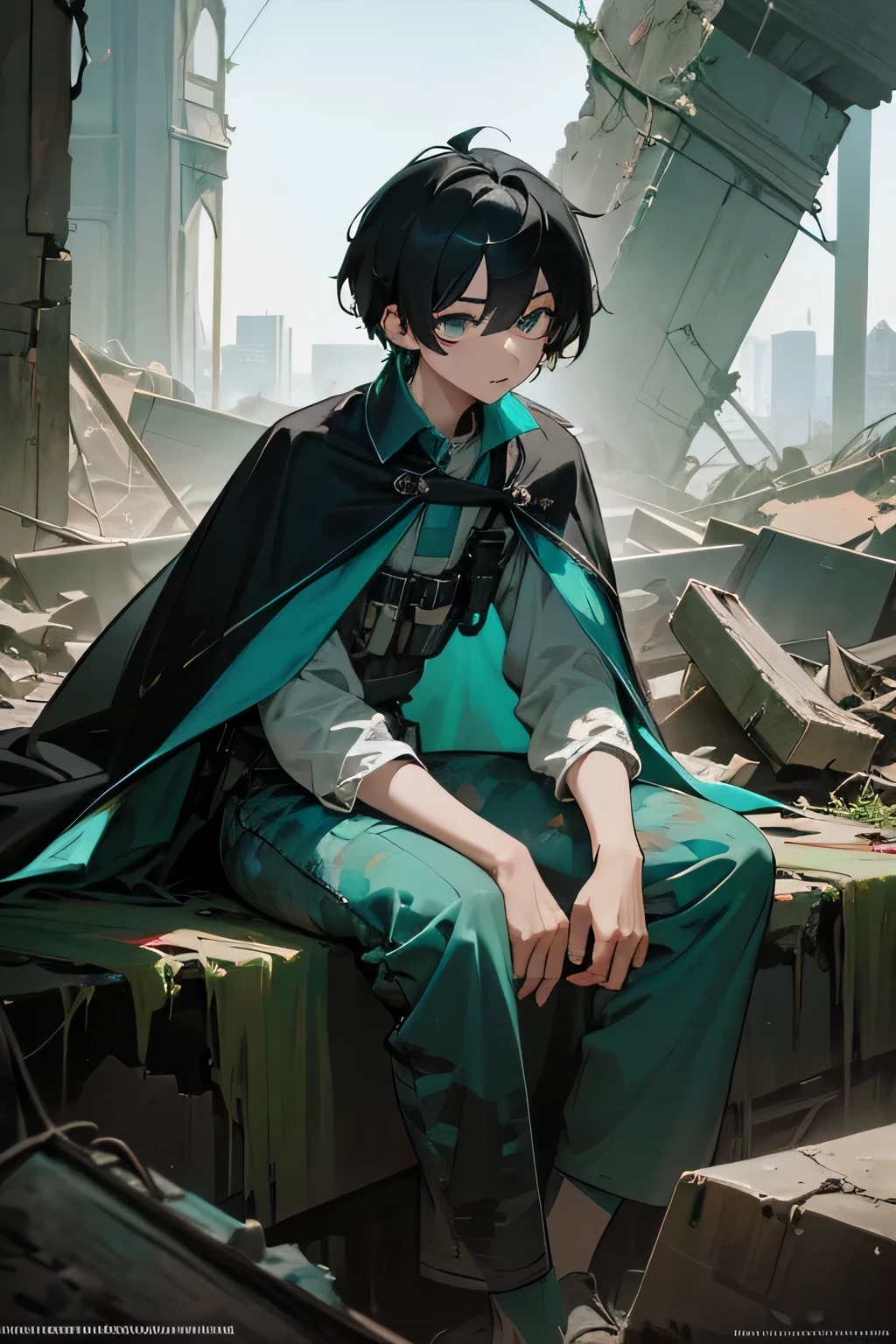 1boy, boy is , jet-black hair, turquoise eyes, his left eye has the number "50" on it, wearing a camouflage cape, wearing gray pants, place is at the bottom of the abyss in a ruined town, sitting on a rock inside an abandoned building, masterpiece, absurdres, highres, 8k