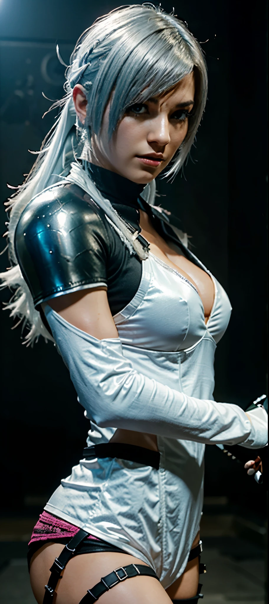 a close up of a person in a costume with a sword, as a character in tekken, female character, tifa lockhart with white hair, katana zero video game character, lunar themed attire, kda, slim body, cyborg - girl with silver hair, upper body realistic, fashion gameplay screenshot, fighting game character, new character, floralpunk elysian maiden, sigma female