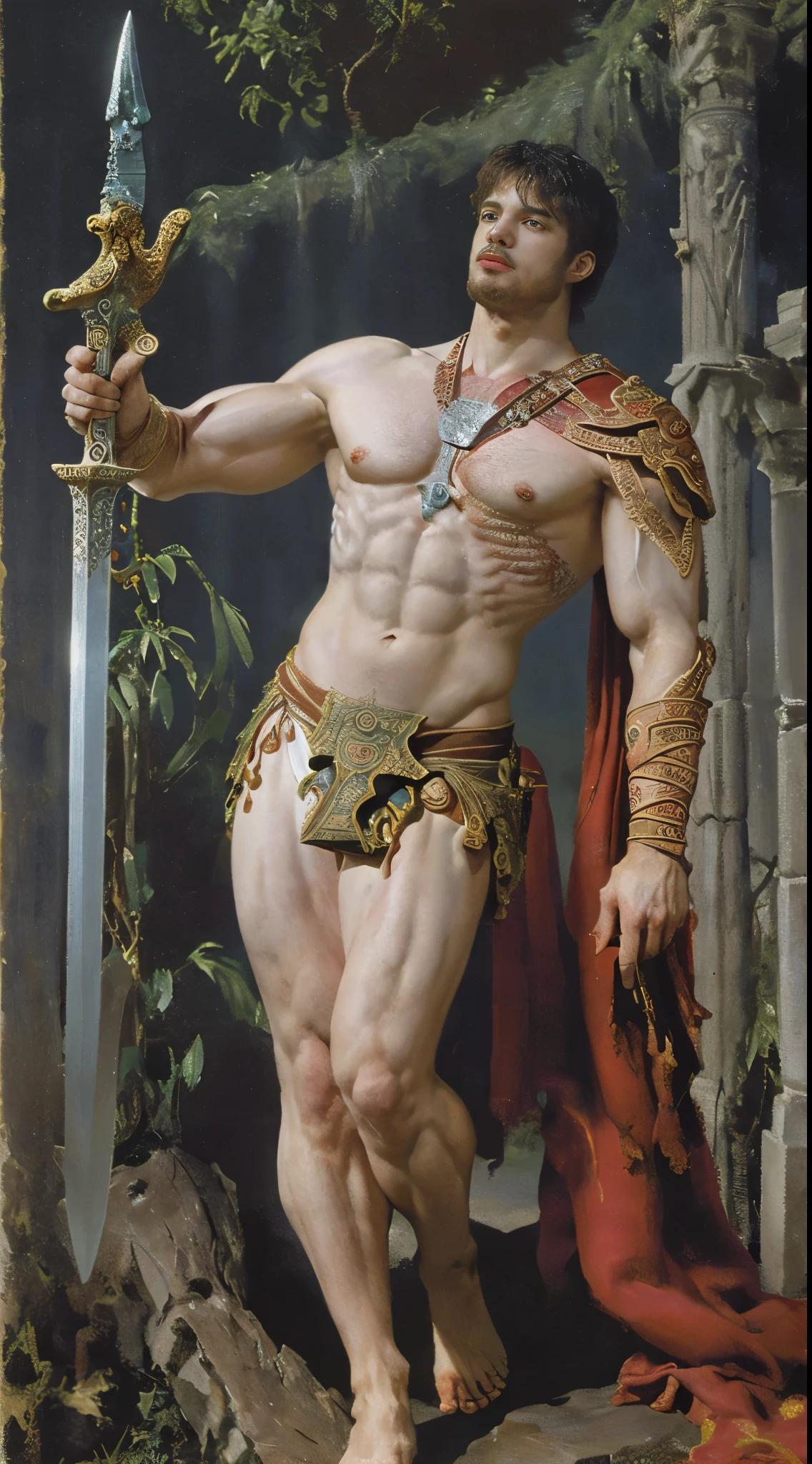 Lawrence Alma-Tadema style, solo god male in ancient temple, torso with 6 arms, muscular body, muscular pecs, (God of War), (sword and fire in hands), broad shoulders, bright, fullbody, (bloody body pierced by arrows), red eyed, masculine white-blue cloth, white sunlight rays, with plants beautiful, face turned away, (torso with 6 arms), ((1 head, 6 arms)), european caucasian cute normal, poster epic positive style, super detailed, masterpiece, hq, 4k, high detalisation, sexual, transparent, frontal view, bent over bending over stoop, correct anatomy, (zentangle, mandala, tangle, entangle:0.6, tarot card style)