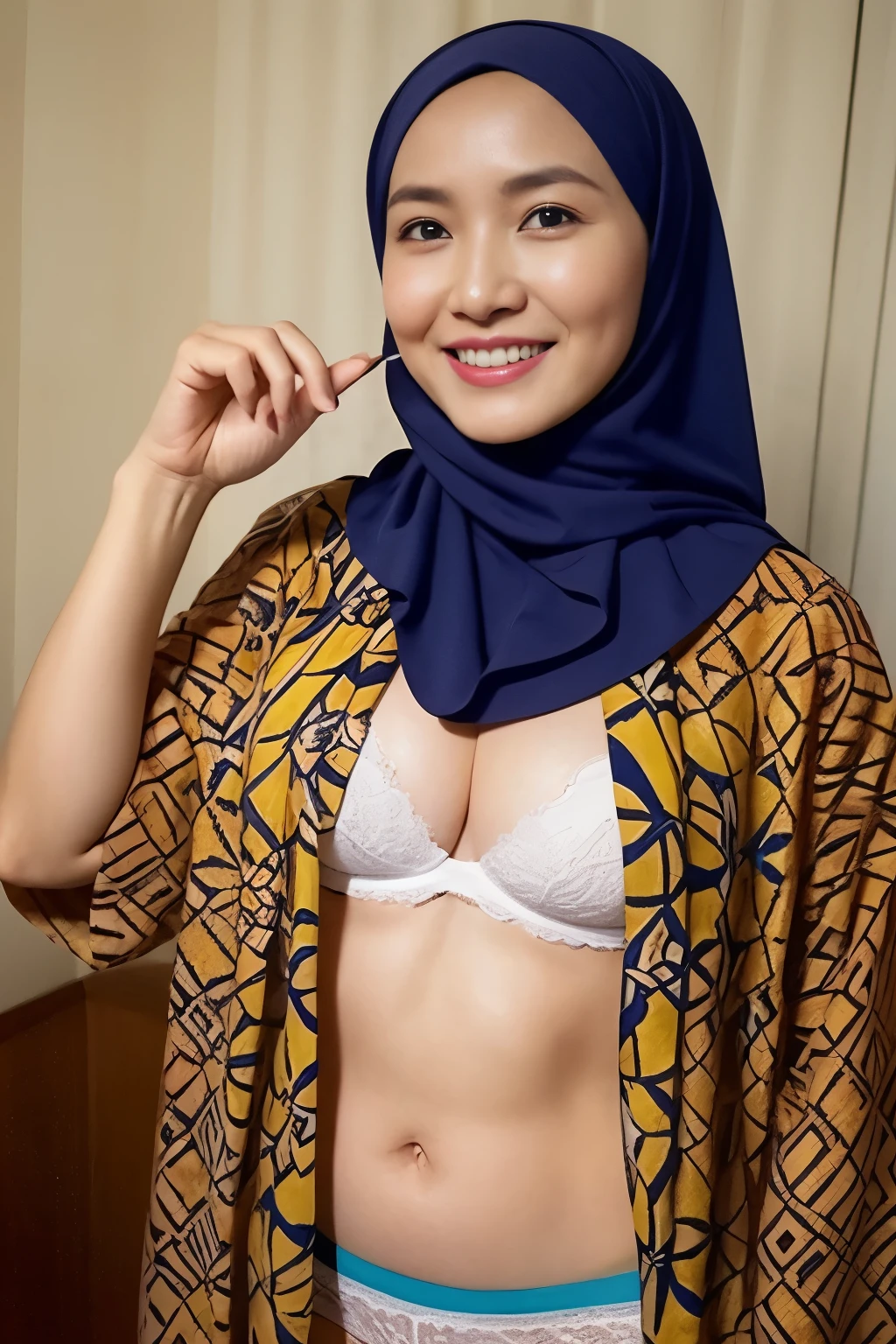 Wearing a hijab, she is a lecturer of university in Indonesia, opening her batik shirt to show her white bra