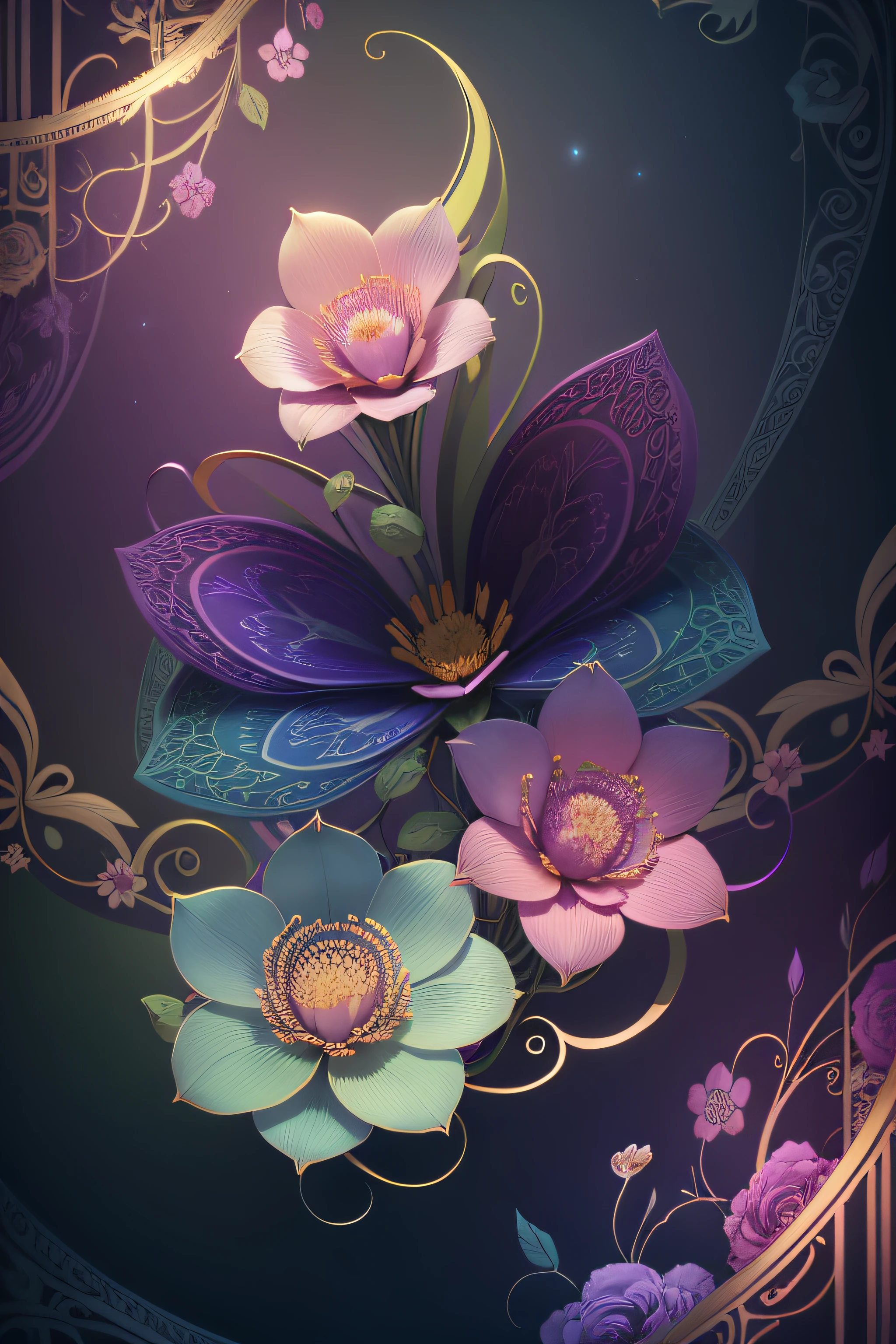 Gorgeous patterns and abstract flowers and vines, Gold and rainbow colors, Southern Aurora, purple, teal, Soft pink, Intricate pattern, Maya rendering, Maximum detail, hyper HD, 32k realistic, hdr, high octane render