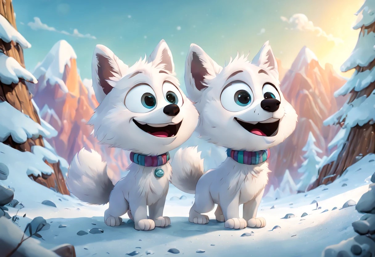 /best quality, ultra-detailed, realistic, photorealistic: 1.37),(disney pixar style:1.32) vibrant colors, soft lighting, art painting, arctic landscape, (two arctic fox cubs playing:1.2), ground covered in snow, fur details, adorable and cute creatures, curious expressions, playful behavior, sharp focus, white fluffy fur, expressive eyes, paw prints in the snow, frosty breath, forest background, subtle shadows, cool atmosphere and cold, bluish tones, energetic movement, majestic mountains, windy winds, happy interaction, natural habitat, charming scene, image taken from a cartoon scene