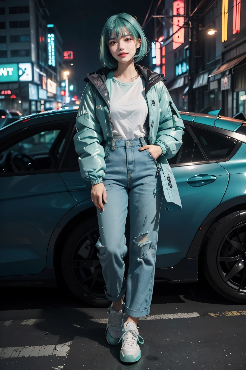 (1beautiful girl:1.1), (mint blue hair:1.1),(bob cut hair:1.1), (blunt bangs), (squinting), (smile), (vivit mint blue down jacket:1.4), 18 year old, (white t-shirts), (dungaree),mint blue sneaker, futuristic cyberpunk style, standing, (just the Front view), (full body:1.1), ((night super futuristic cyberpunk city background))