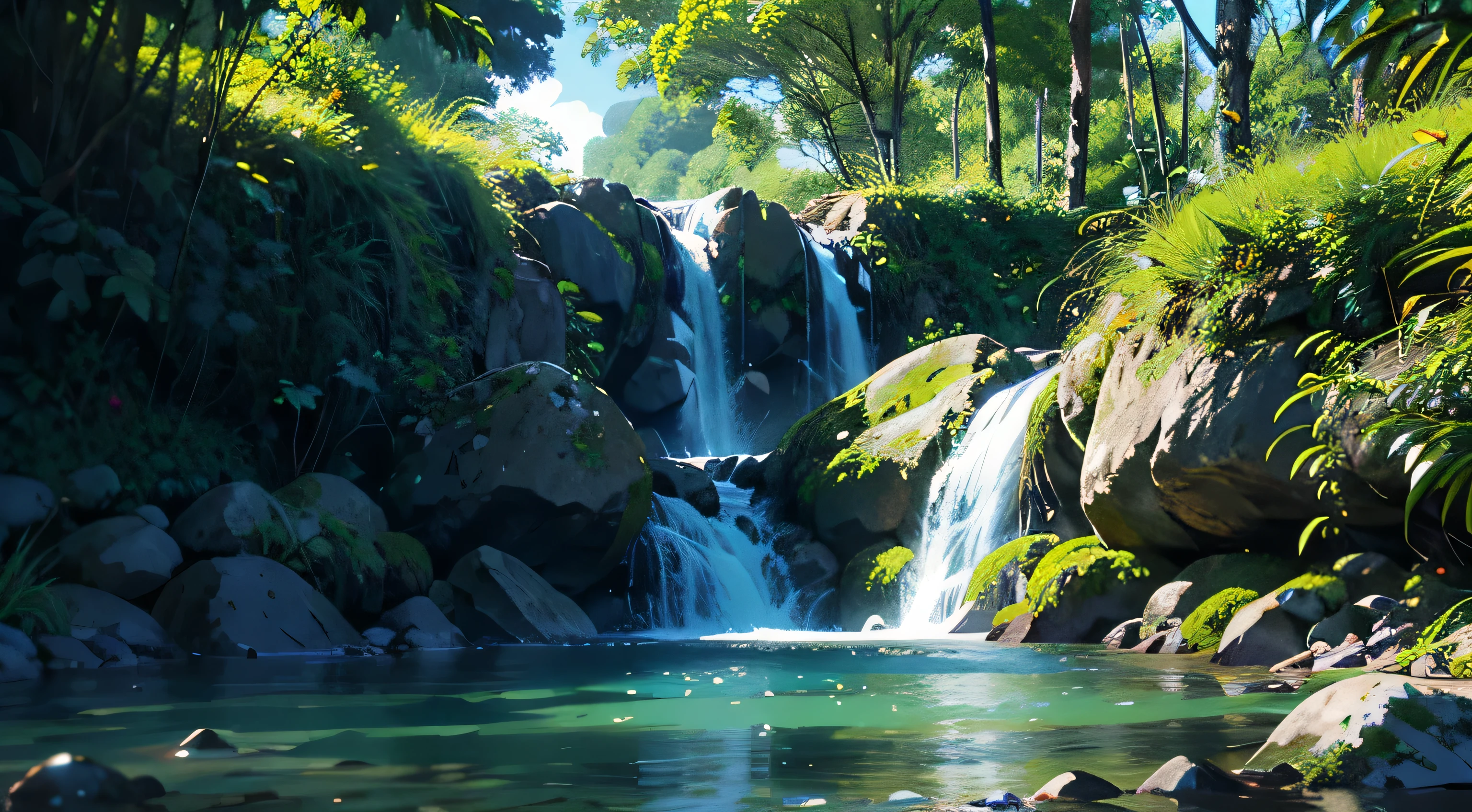 (((melhor qualidade))), Realista, authentic, aguas azuis, cores exuberantes, cores vibrantes, natureza, campos verdes --v6