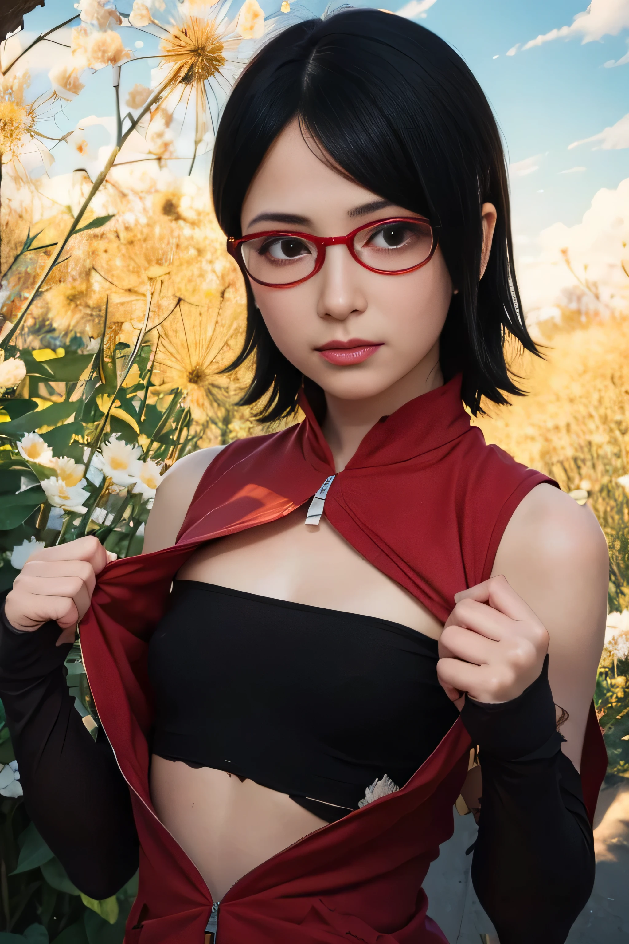 masterpiece, best quality, (realistic,photo-realistic:1.4), (RAW photo:1.2), extremely detailed CG unity 8k wallpaper, delicate and beautiful, amazing,finely detail, official art, absurdres, incredibly absurdres, huge filesize, ultra-detailed,extremely detailed eyes and face,light on face,sarada,(little smile),(black hair:1.4),(short hair:1.6),(wearing torn clothes:1.5),window,(wearing red framed glasses:1.4),(small breast:1.3),sunset light,dandelions flower