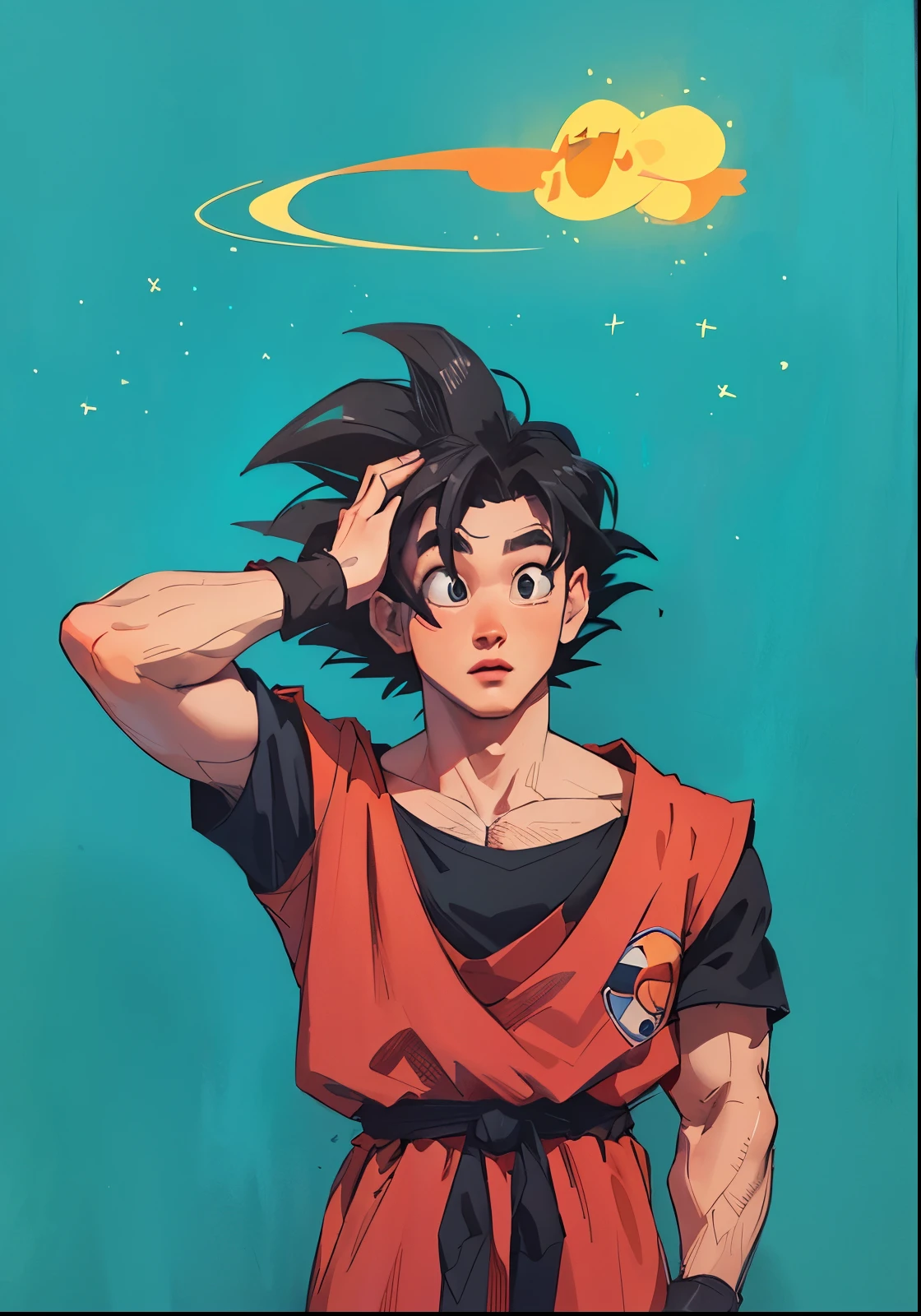 ((samdoesart)), um desenho de um homem com roupa laranja e faixas pretas, goku, highly detailed retrato de goku, with your hand in your hair, pintura extremamente detalhada, ((Pixar)), musculoso, forte, halo shaped cloud