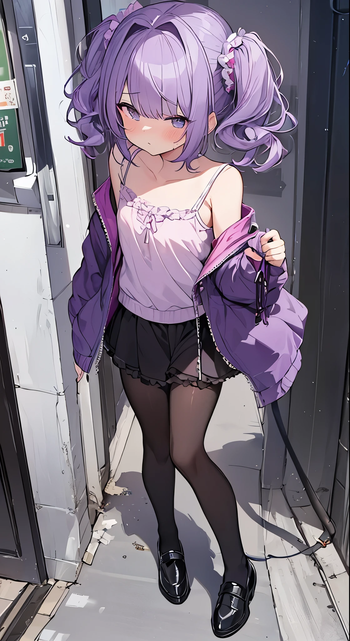 Beautiful boy dressed as a woman、purple hair、(short twin-tailed hair)、Scrunchies in the hair、(frill camisole) ,hoodie、chiffon skirt、(black pantyhose)、loafers、flat chest、pat shoulders、erotic legs、very beautiful pupils、Tokimeki、nervous face、Full body illustration、walking on the sidewalk、heart ,