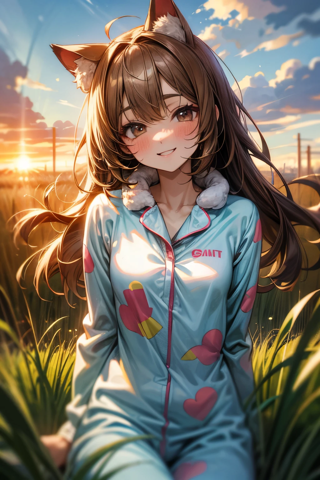 ((Masterpiece)), (Anime:1.3), ((best quality)), (RAW photo:1.2), (High Definition:1.3), (Professional Photography:1.2), (mist effect:1.3), ((12 years old)), cute teenage girl, cinematic lighting, BREAK, unruly hair, (innocent smile:1.3), blush, cat ears, pale brown hair, Cute Beautiful girl, (Red makeup), BREAK, (fluffy onesie:1.4), Slender body, small breasts, barefoot, Textured skin, BREAK, (High Definition), (cute posing on the rye field), the Morning sun, Crepuscular Rays, field of rye with many fruits,
