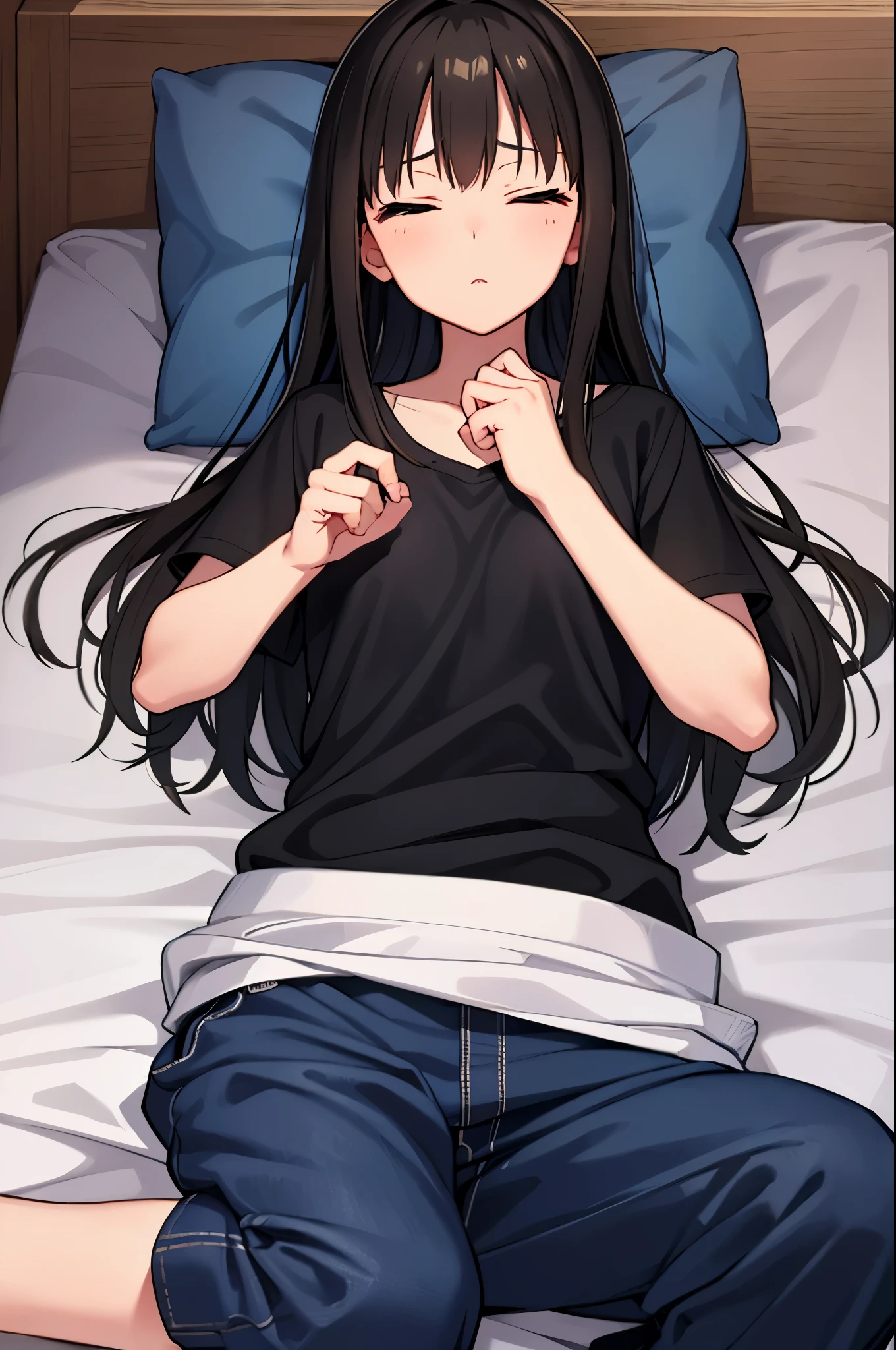 RIN SHIBUYA、lie down on the bed and sleep、sleeping face, Close your eyes and get a good night's sleep、black long hair、casual clothes、blue jersey、long pants、highest quality, hire, detailed face, home bedroom、 detailed background, Depth of written boundary, Bokeh