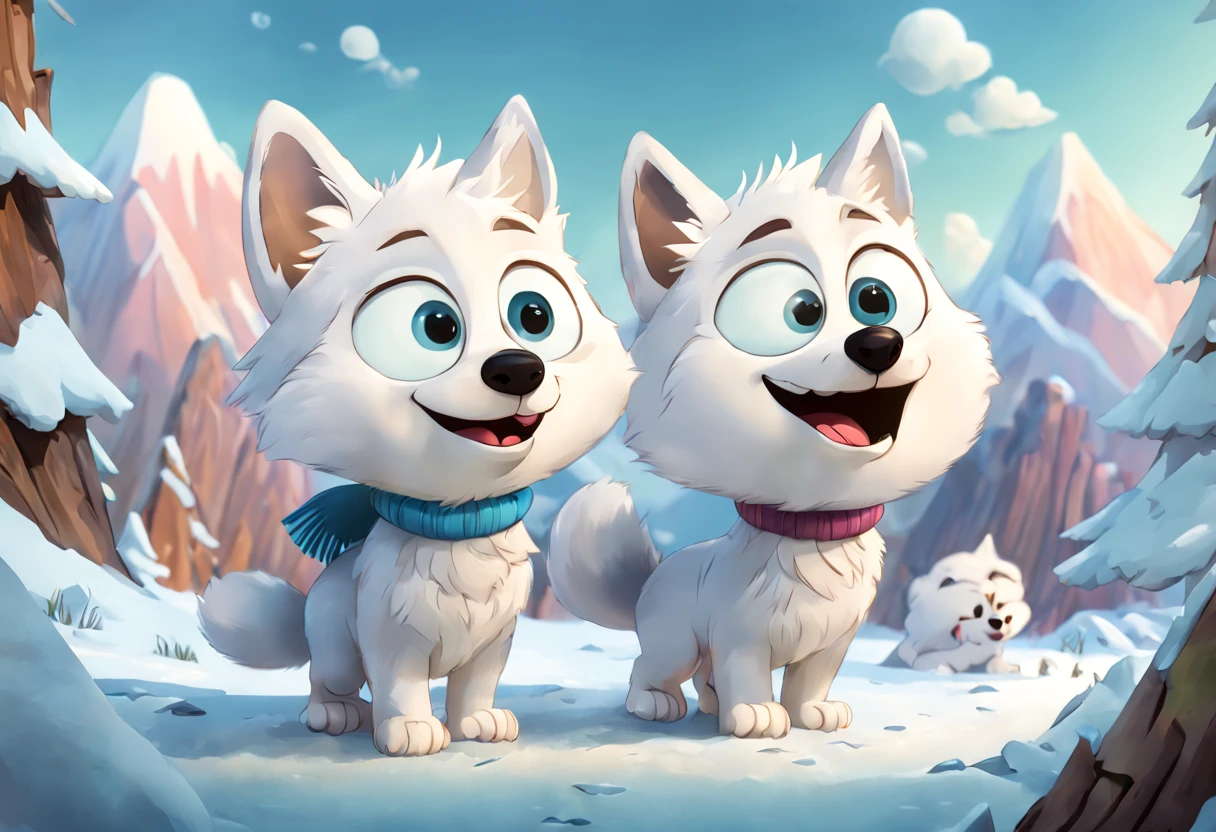 /best quality, ultra-detailed, realistic, photorealistic: 1.37),(disney pixar style:1.32) vibrant colors, soft lighting, art painting, arctic landscape, (two arctic fox cubs playing:1.2), ground covered in snow, fur details, adorable and cute creatures, curious expressions, playful behavior, sharp focus, white fluffy fur, expressive eyes, paw prints in the snow, frosty breath, forest background, subtle shadows, cool atmosphere and cold, bluish tones, energetic movement, majestic mountains, windy winds, happy interaction, natural habitat, charming scene, image taken from a cartoon scene