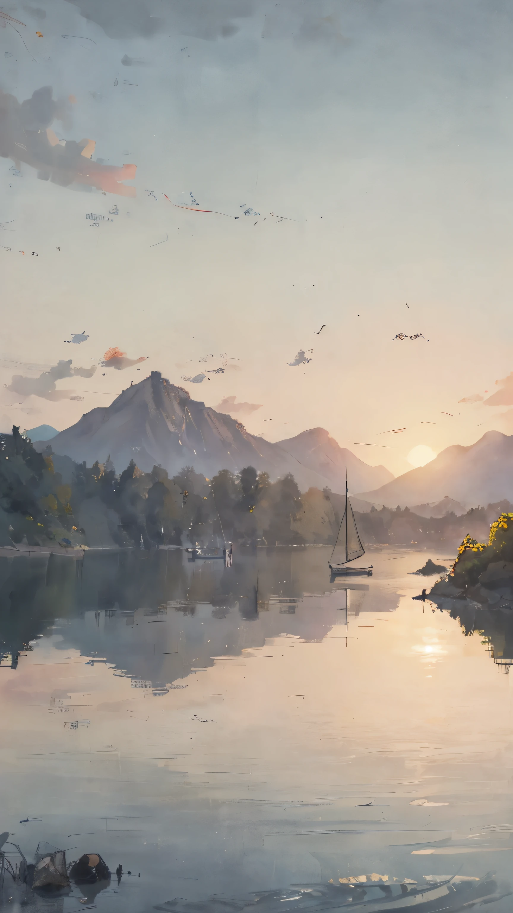 A girl looks at the sea in the distance, There is a small fishing boat in the middle of the sea, Opposite is the mountain, Sunset, reflection, Chinese traditional ink painting, Chinese landscape painting, Wide-angle lens, panoramic, masterpiece, best quality, 8k, high resolution