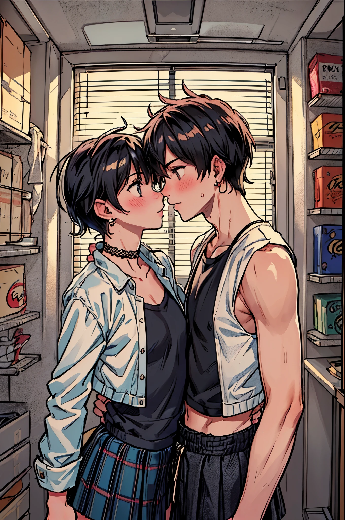 "best quality,ultra-detailed,((background:inside the room1,8)),(two boys),(boys are kissing),(holding their body),(full body),portraits,((sissy boy,tomboy,FemBoy,trap1,8)),bulge1,8,(natural makeup),black choker,necklace,earrings,(short black hair),boy's face,boys body,((nose-blush)),((shy)),((street-casual-style)),(school-uniform),(vest),(blazer),(sneaker),(he’s having shoulder bags),vibrant colors,soft lighting"