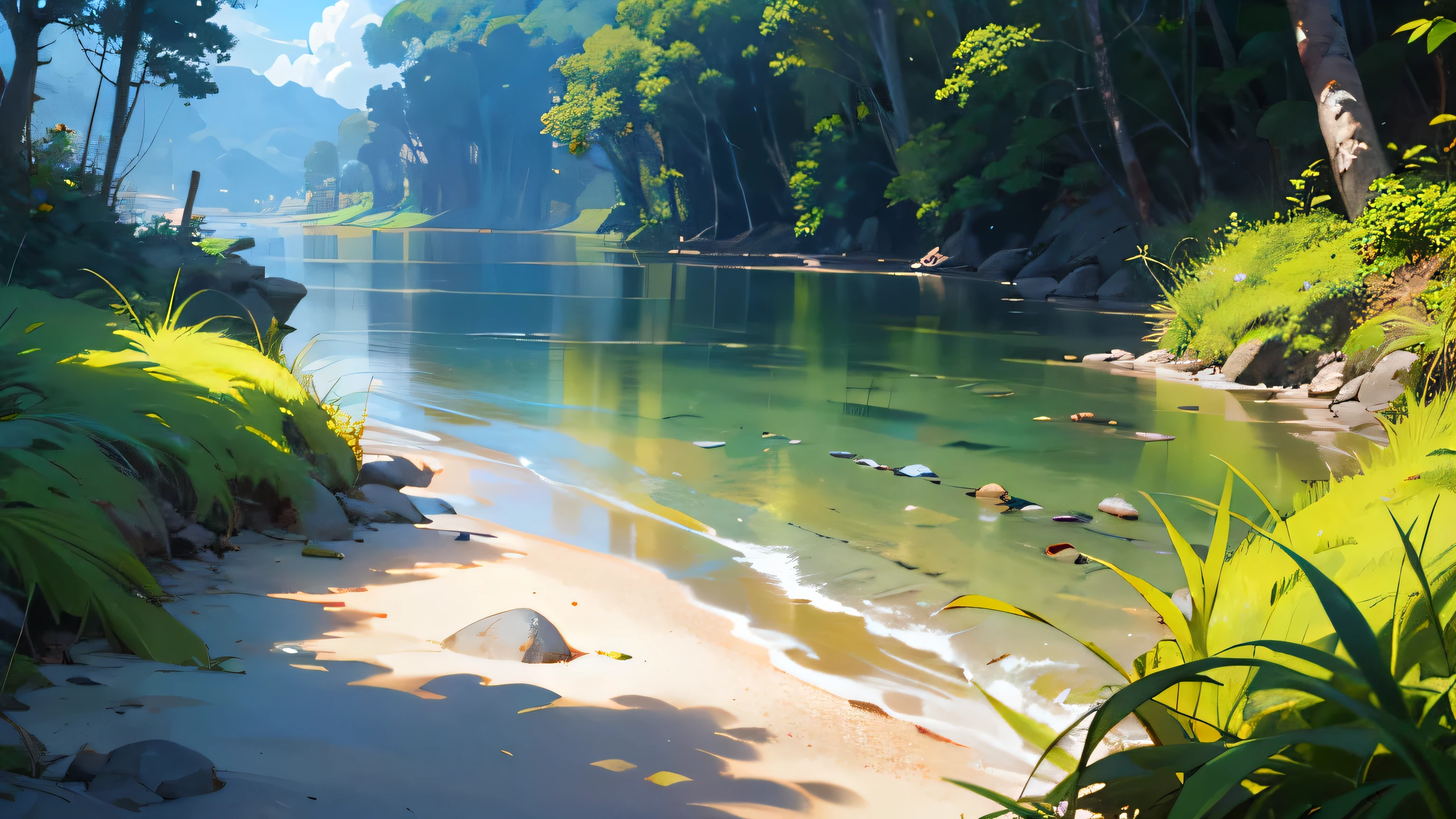 ((melhor qualidade)), ((obra de arte)), (detalhado), detalhe para o rio cheio de pedras, dia ensolarado, clima de paz, rio de aguas azuis, ambiente calmo, relaxante, o principal componente da imagem sao as pedras, on the coast there is lush green vegetation, arvores e folhedos crescem ao redor, lugar inabitado