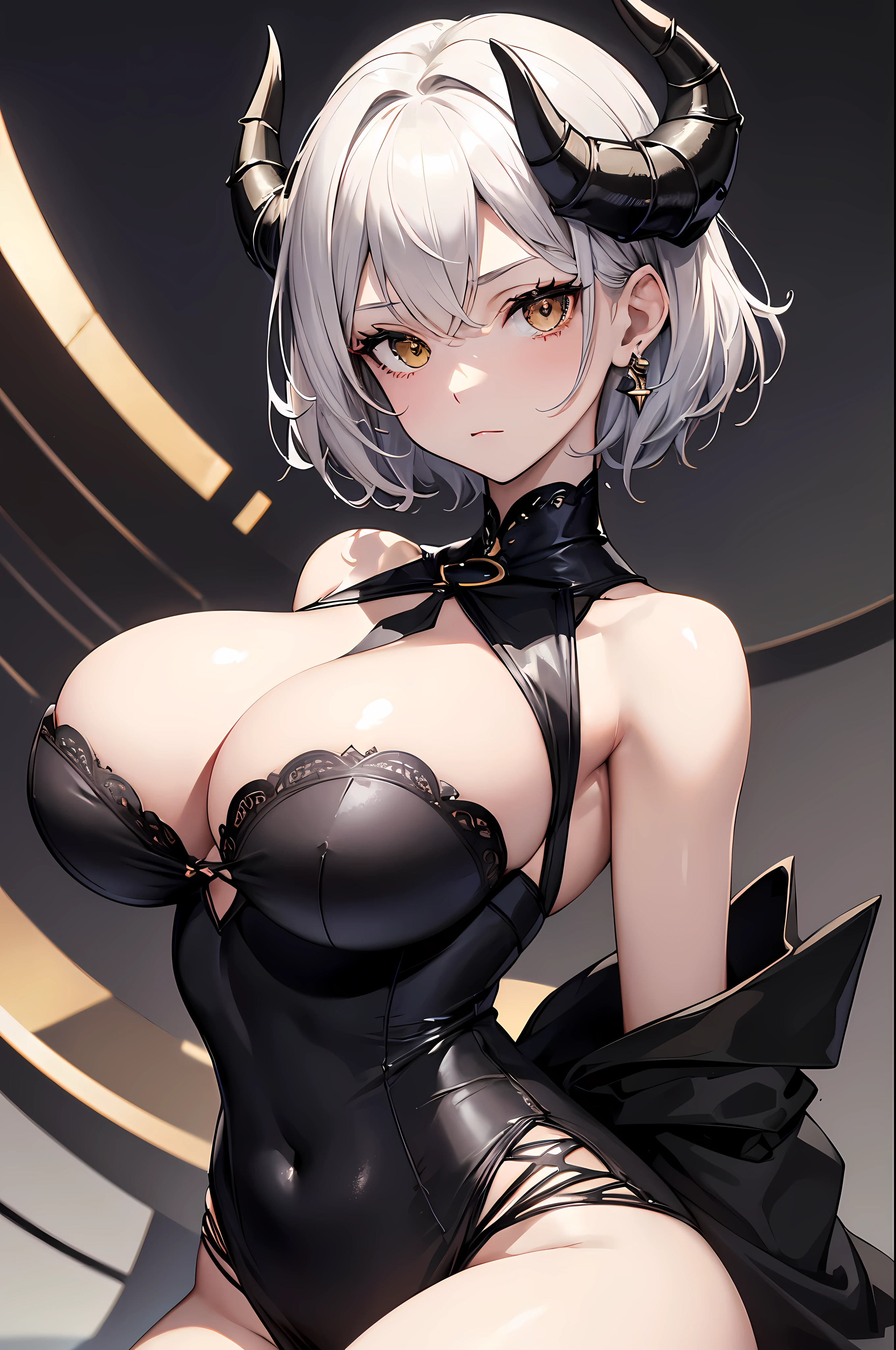(top quality, 8 thousand, masterpiece, Best image quality, high resolution, super detailing, Ultra HD, (delicate smooth skin, Looks like real skin, perfect and beautiful face ,Perfect and cute face, high detail skin, perfect limbs)), alone , bare shoulders , black gloves , split , closed mouth , demon either , Devil's Tail , inexpressive , either , big bust , looking at viewer , pale skin , short gray hair , alone , black strapless dress , yellow eyes, milf , wide hips