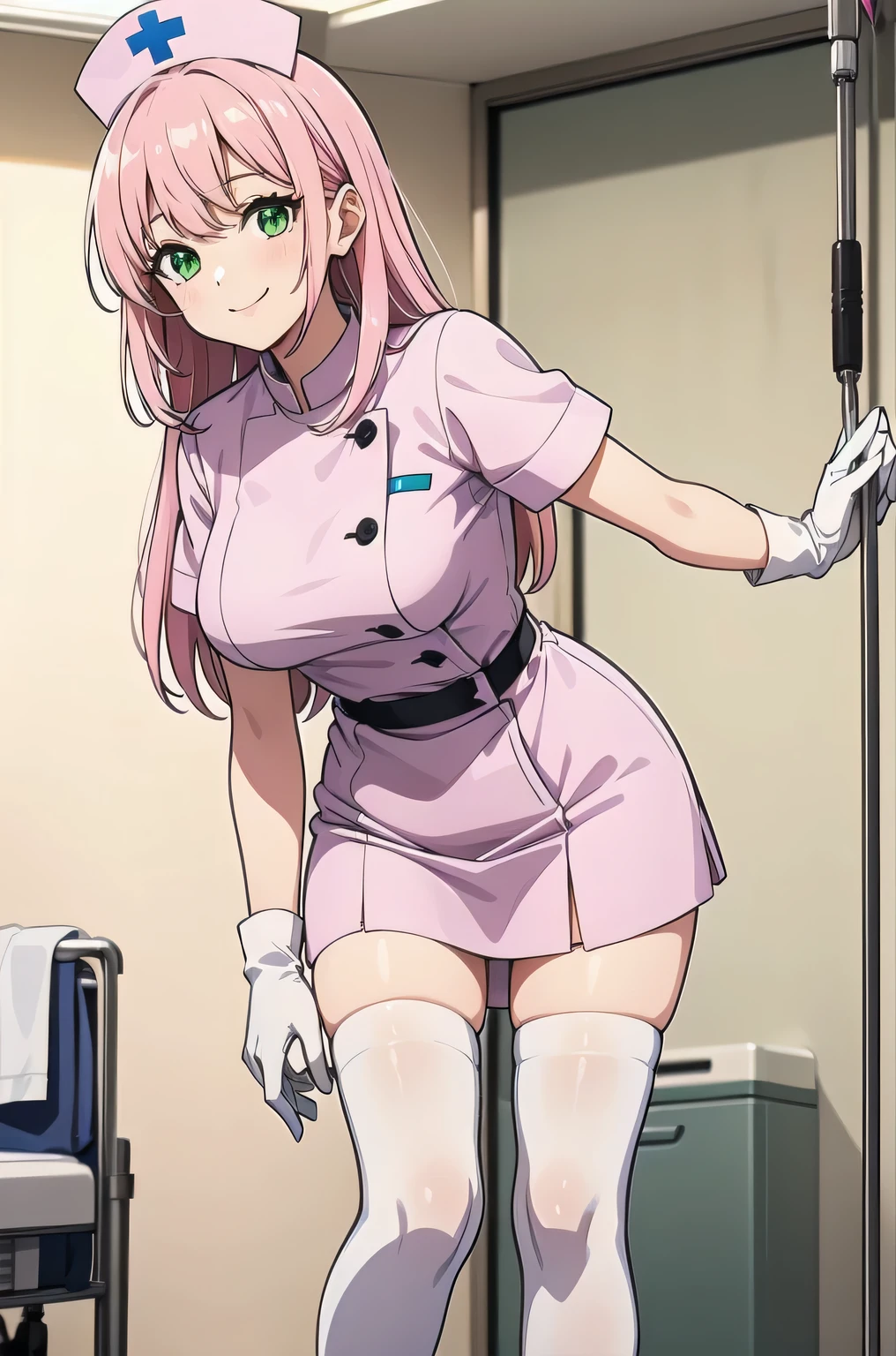 1woman, solo, nurse, white nurse cap, white nurse uniform, ((white legwear, zettai ryouiki)), white gloves, pink hair, green eyes, drooping eyes, pink lips, smile, standing, ((hospital room)), sharp outline, short sleeves, mature female, 32 years old, best quality, masterpiece