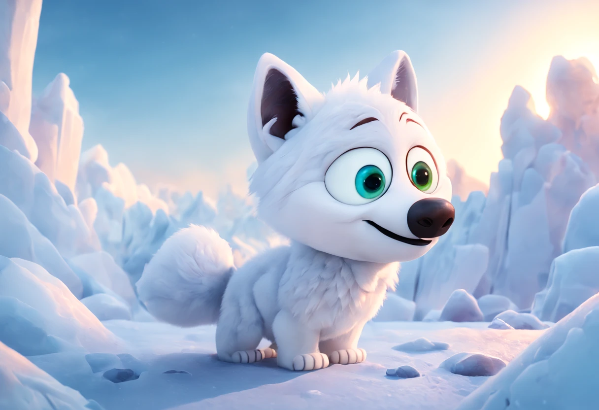 best quality, high resolution, (ultra detailed: 1.2), (realistic: 1.37), (Disney Pixar style: 1.32), arctic fox beautiful detailed eyes, white fur, fast movement, ice breath, [snowy landscape], vivid colors , sharp focus, winter landscape, crystal clear ice, cold atmosphere, resplendent aurora, arctic nature, hunting instinct, elegant movement, playful behavior, intelligent predator, snowy footprints, pristine environment, sub-zero temperatures, fierce and agile hunter, icy wind, arctic survival, loneliness, isolated habitat, quick reflexes, stealth action, arctic moonlight, bright snowflakes, wild beauty, life in the wild, tranquil scene, harsh conditions, picture taken from a cartoon scene